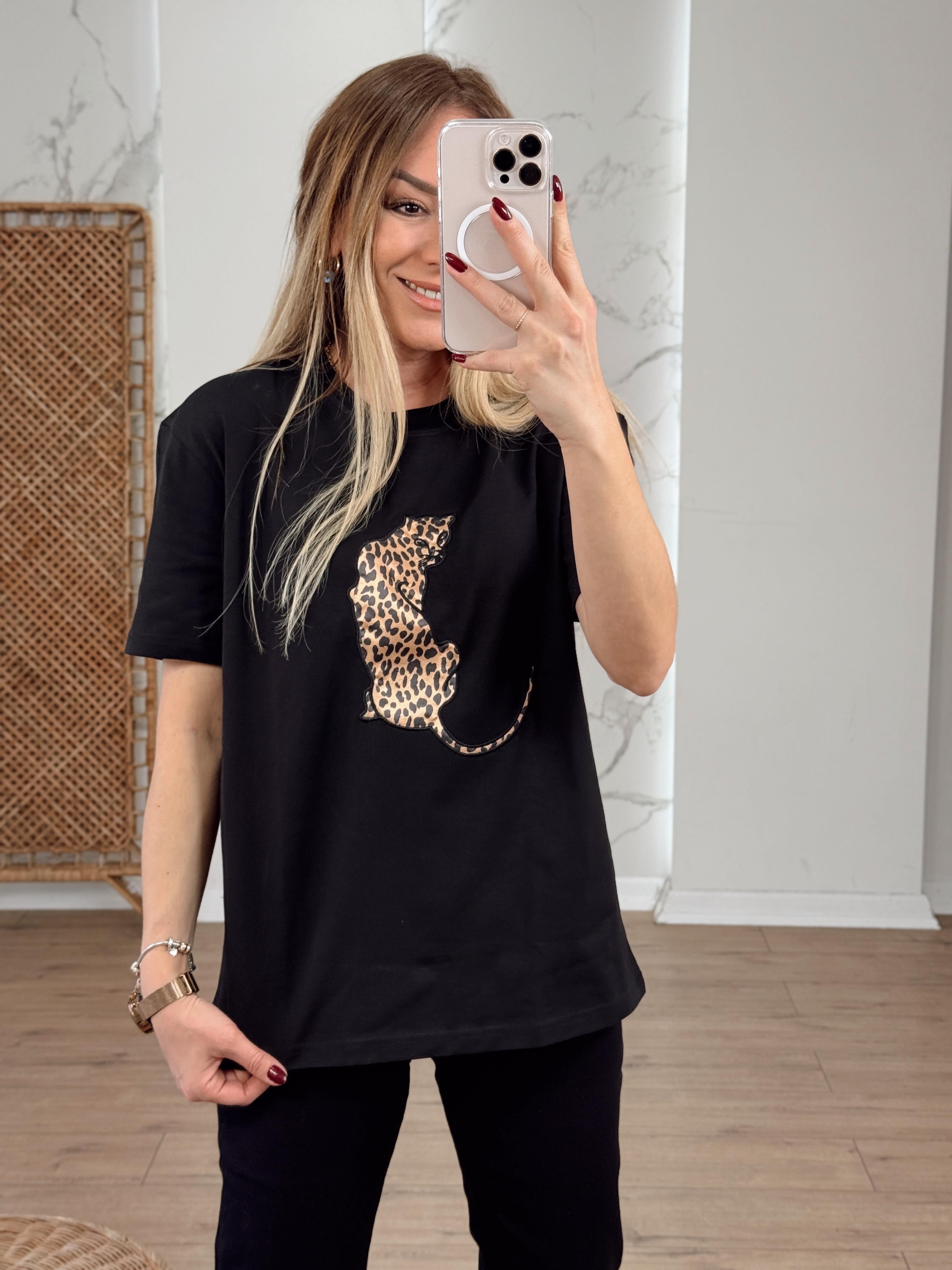 Leopar Nakışlı Tshirt SİYAH