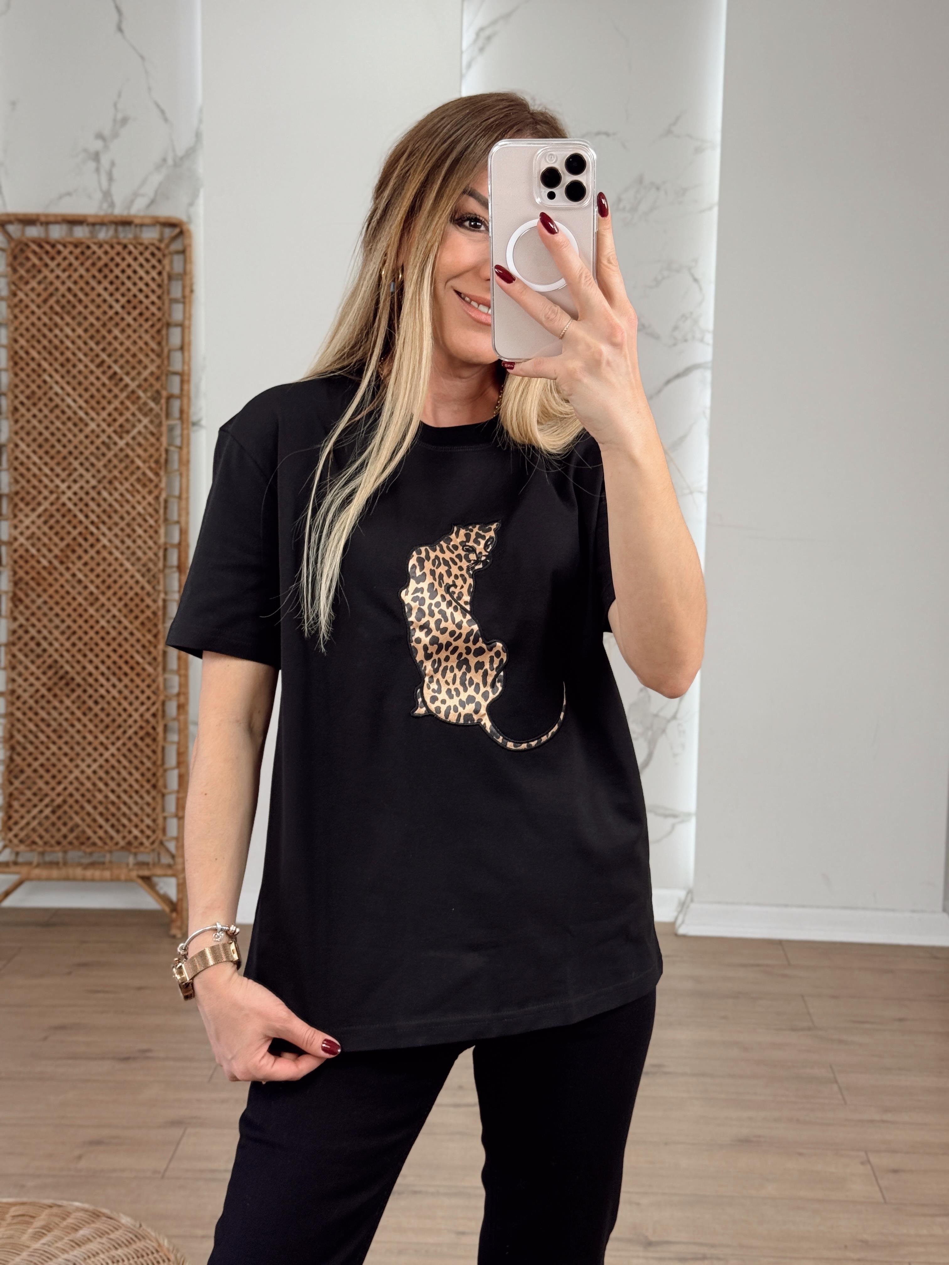 Leopar Nakışlı Tshirt SİYAH
