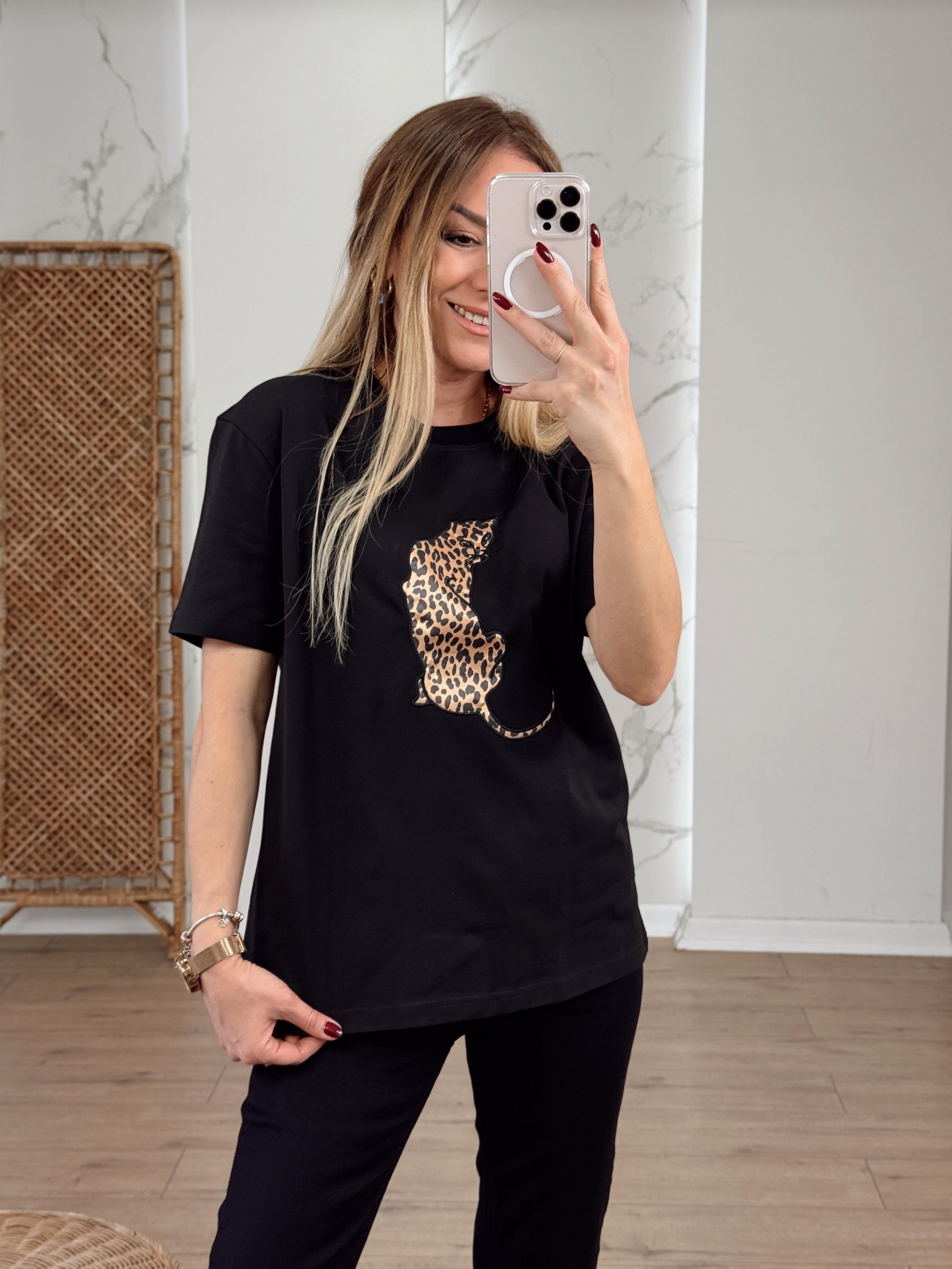 Leopar Nakışlı Tshirt SİYAH