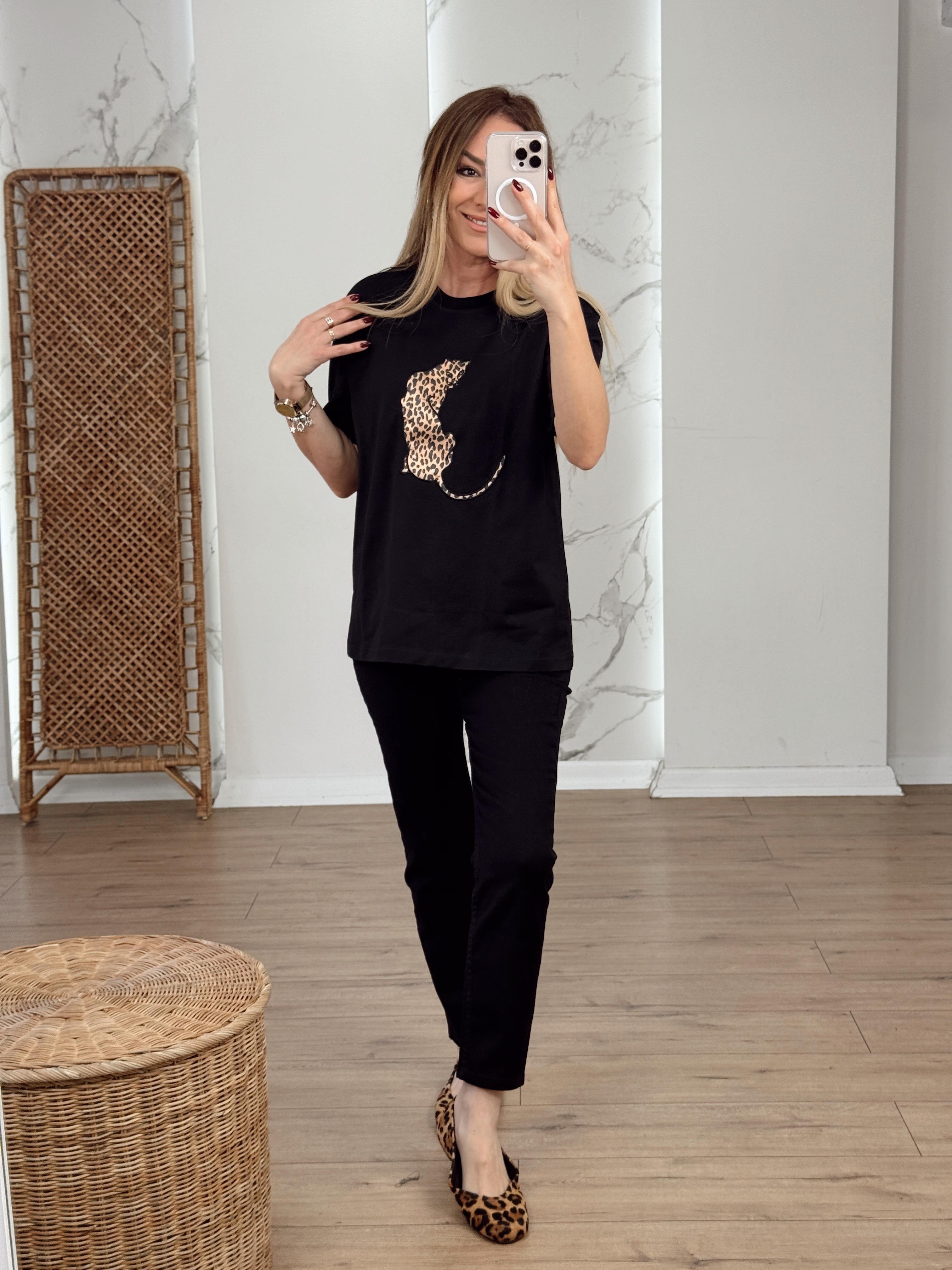 Leopar Nakışlı Tshirt SİYAH