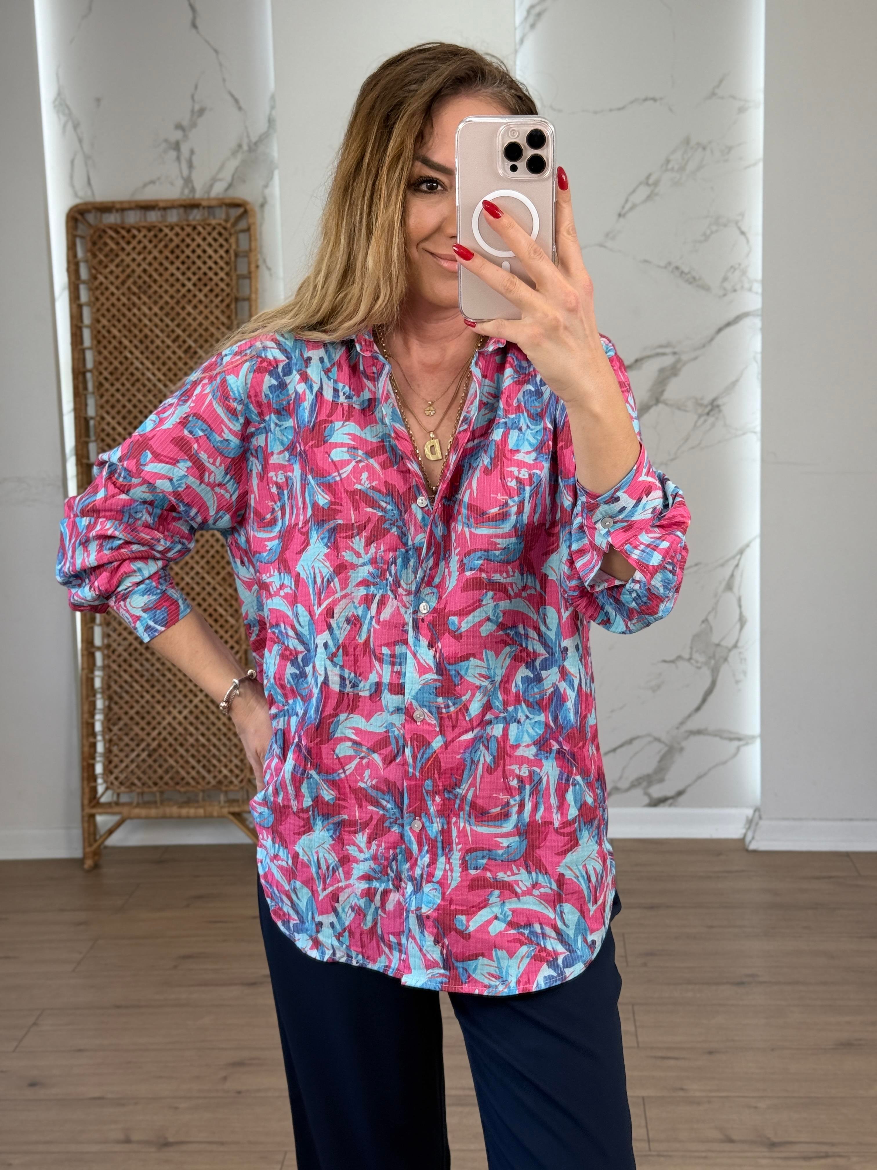 Likralı Batik Desenli Renkli Gömlek PEMBE