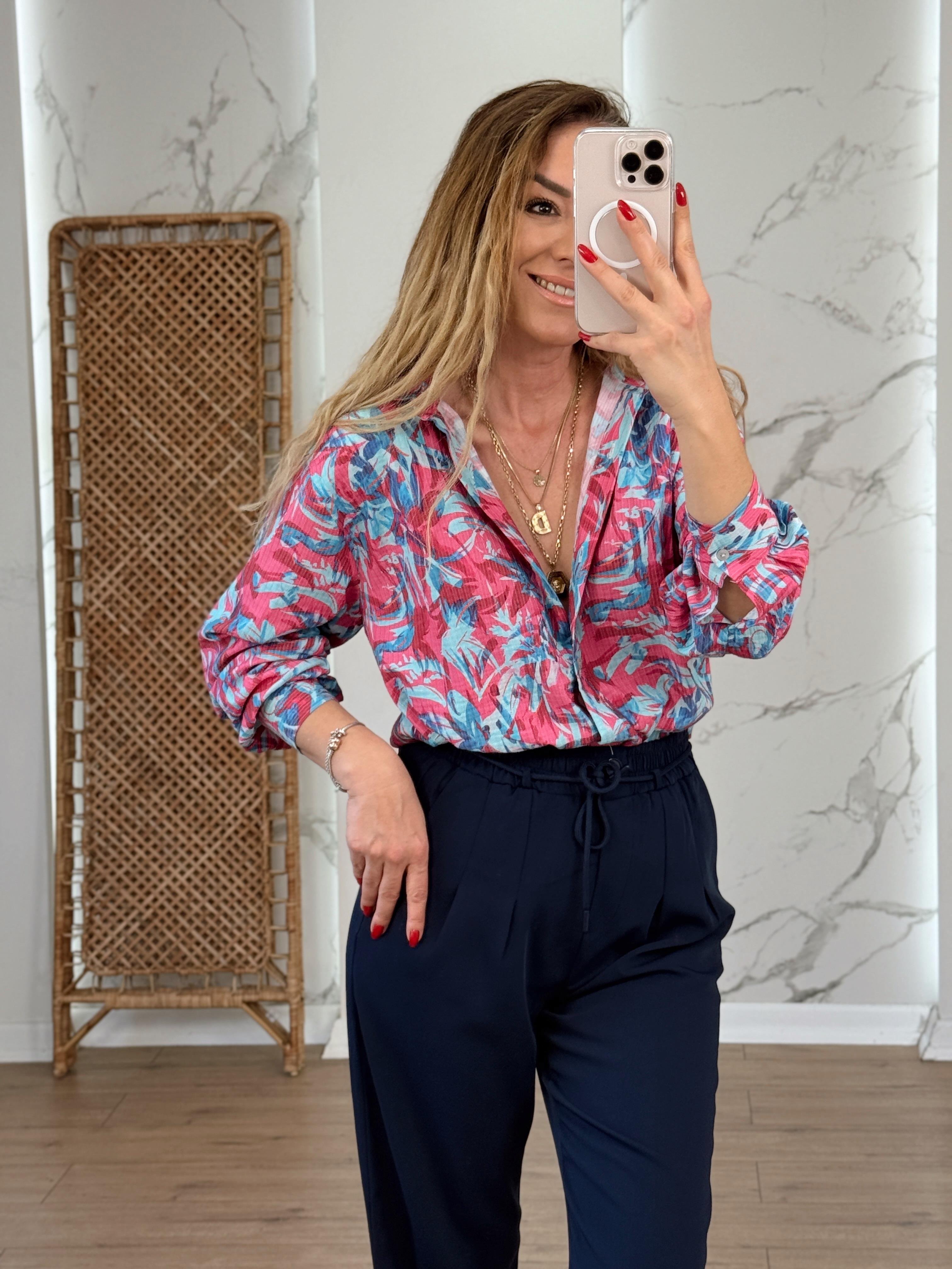 Likralı Batik Desenli Renkli Gömlek PEMBE