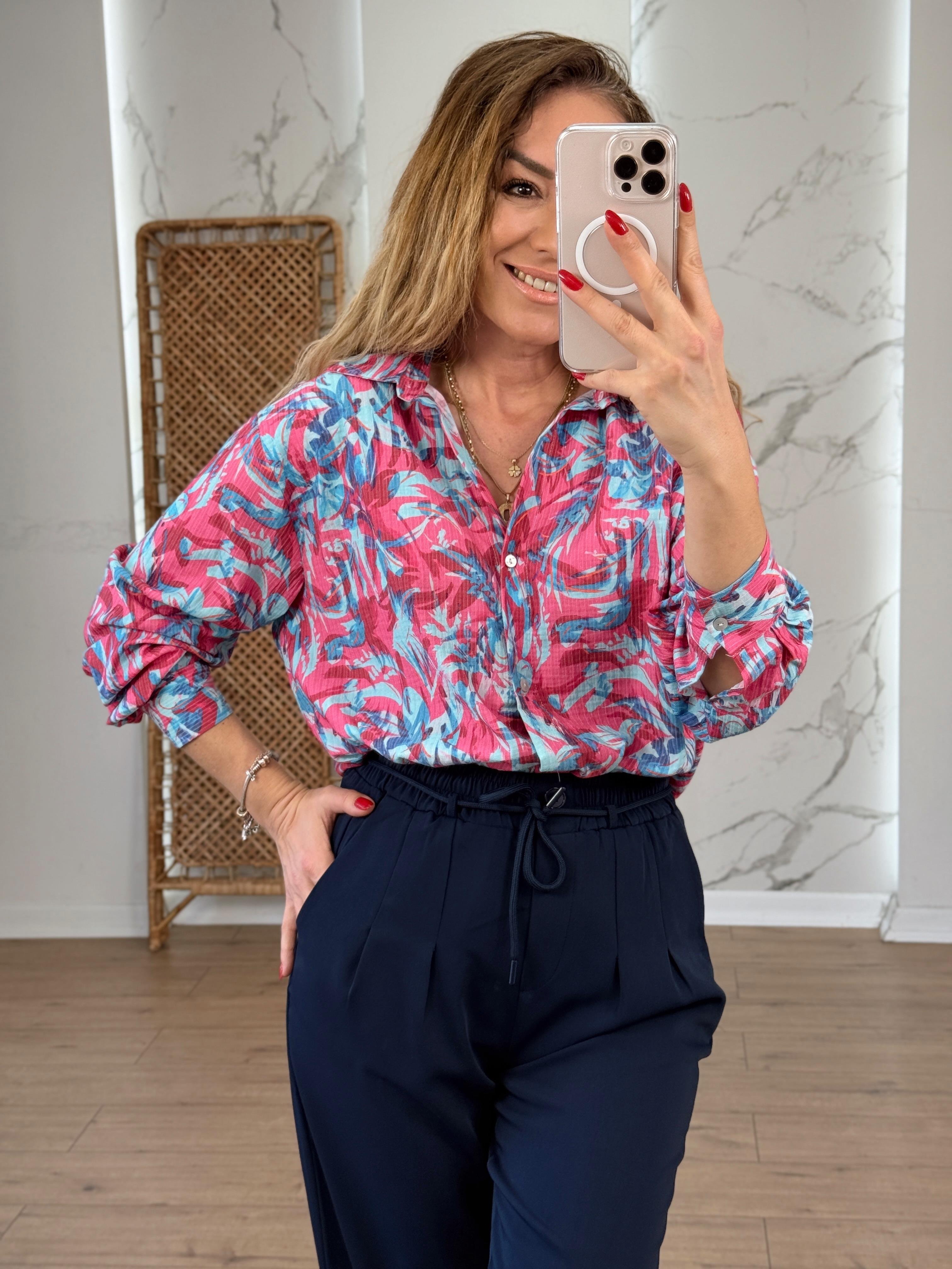 Likralı Batik Desenli Renkli Gömlek PEMBE