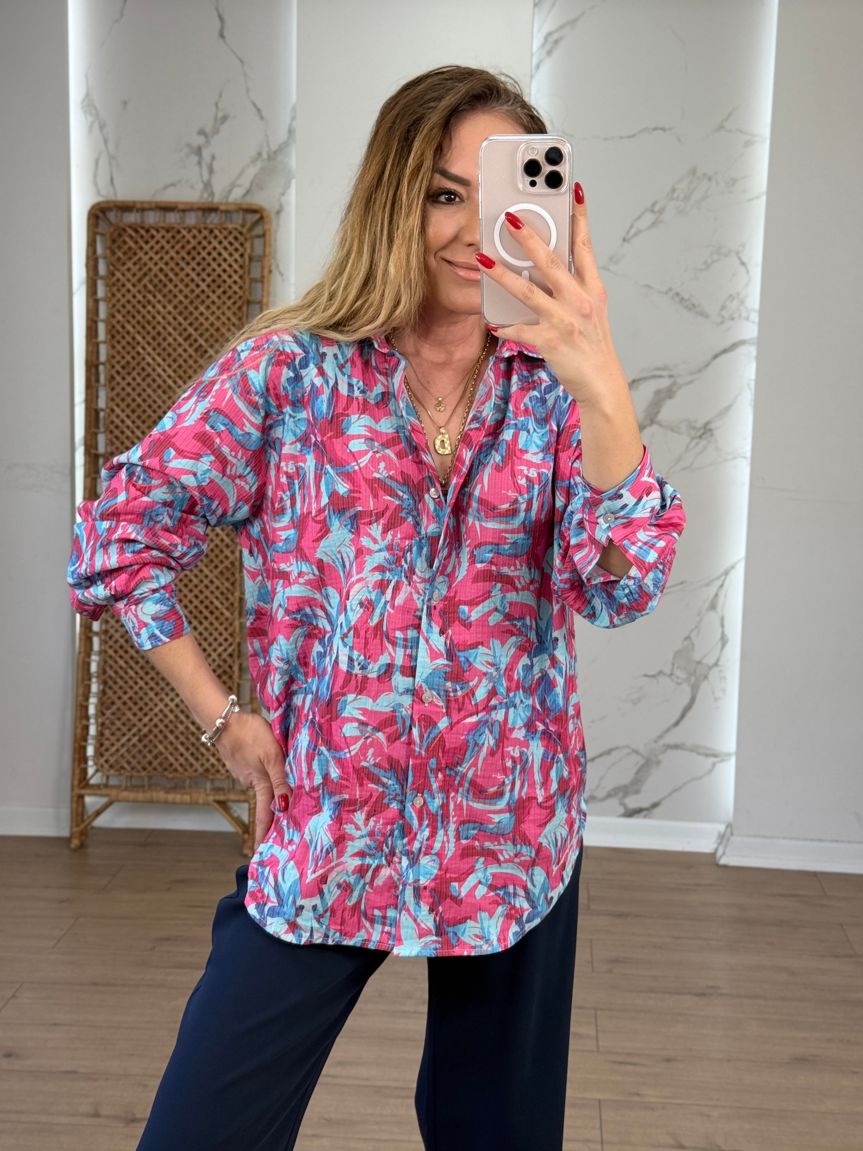 Likralı Batik Desenli Renkli Gömlek PEMBE