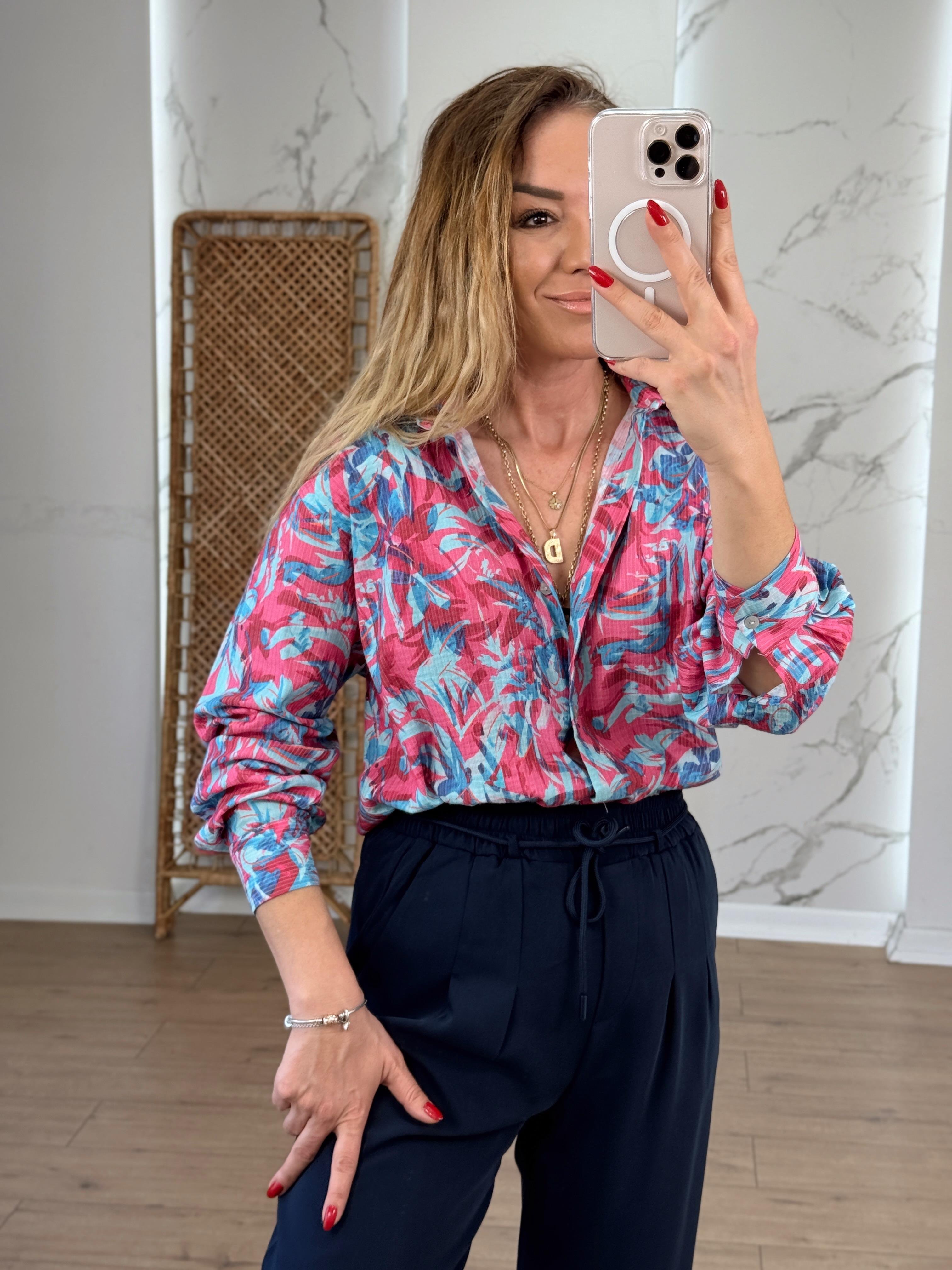Likralı Batik Desenli Renkli Gömlek PEMBE