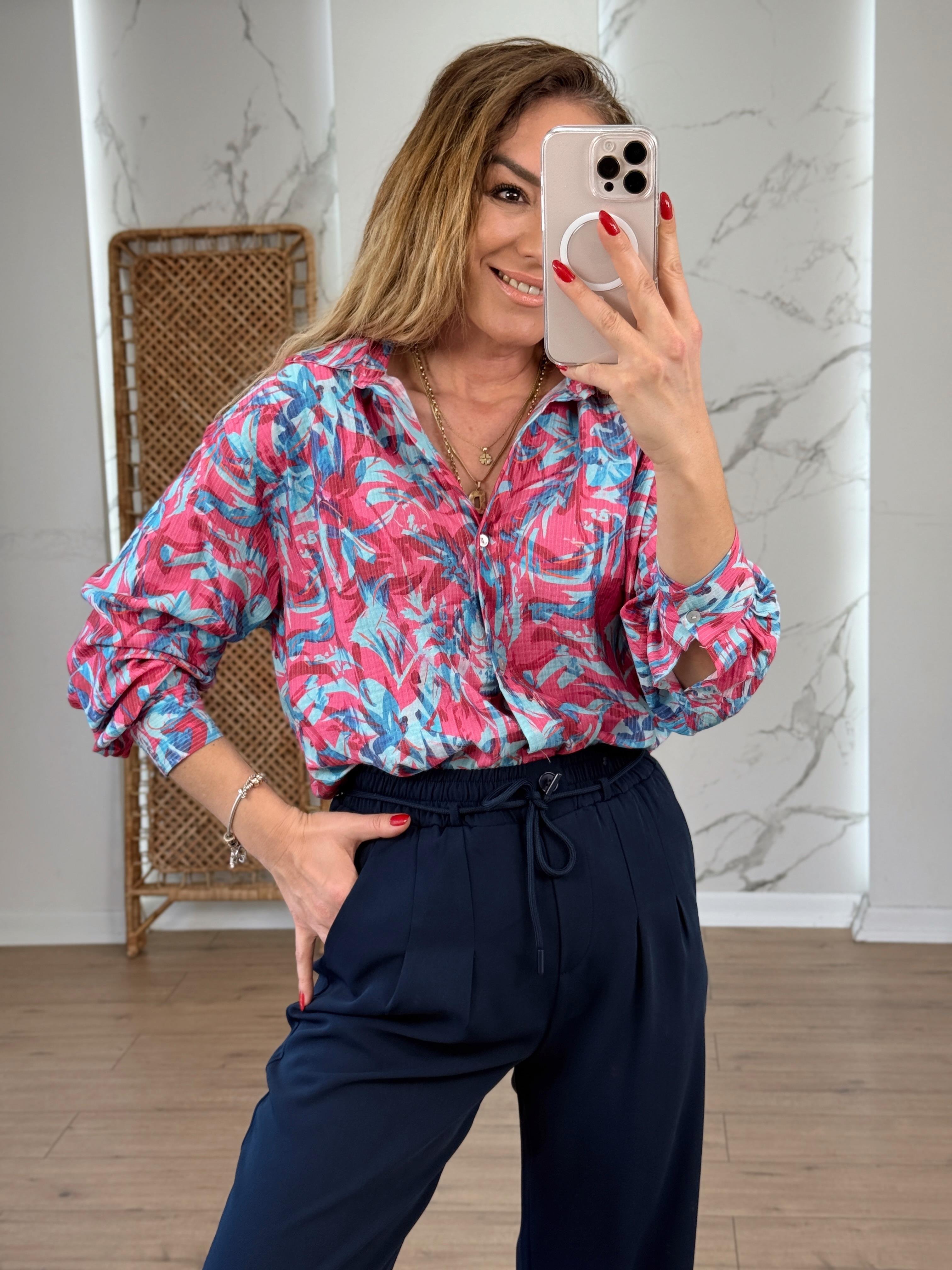 Likralı Batik Desenli Renkli Gömlek PEMBE