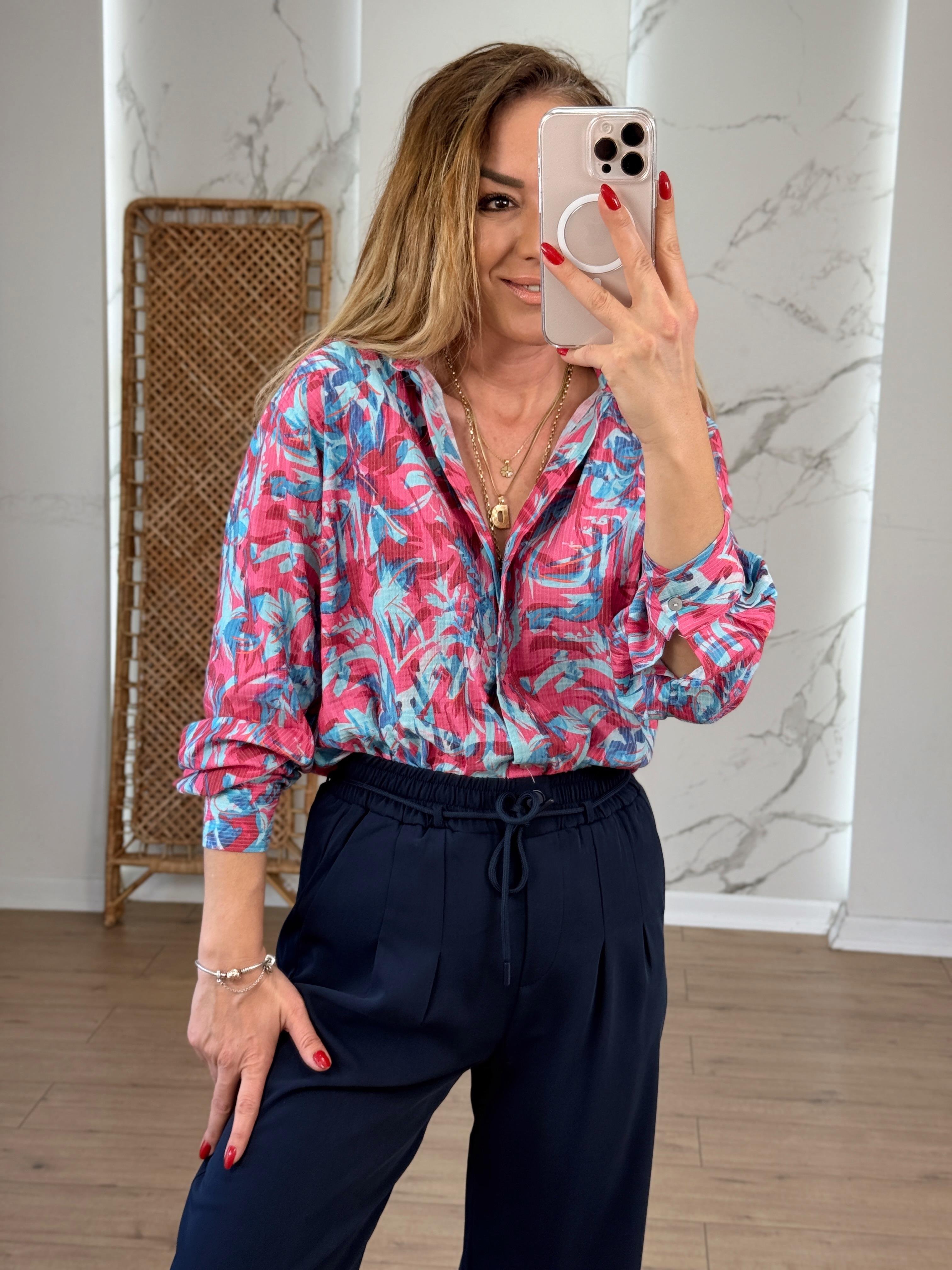 Likralı Batik Desenli Renkli Gömlek PEMBE