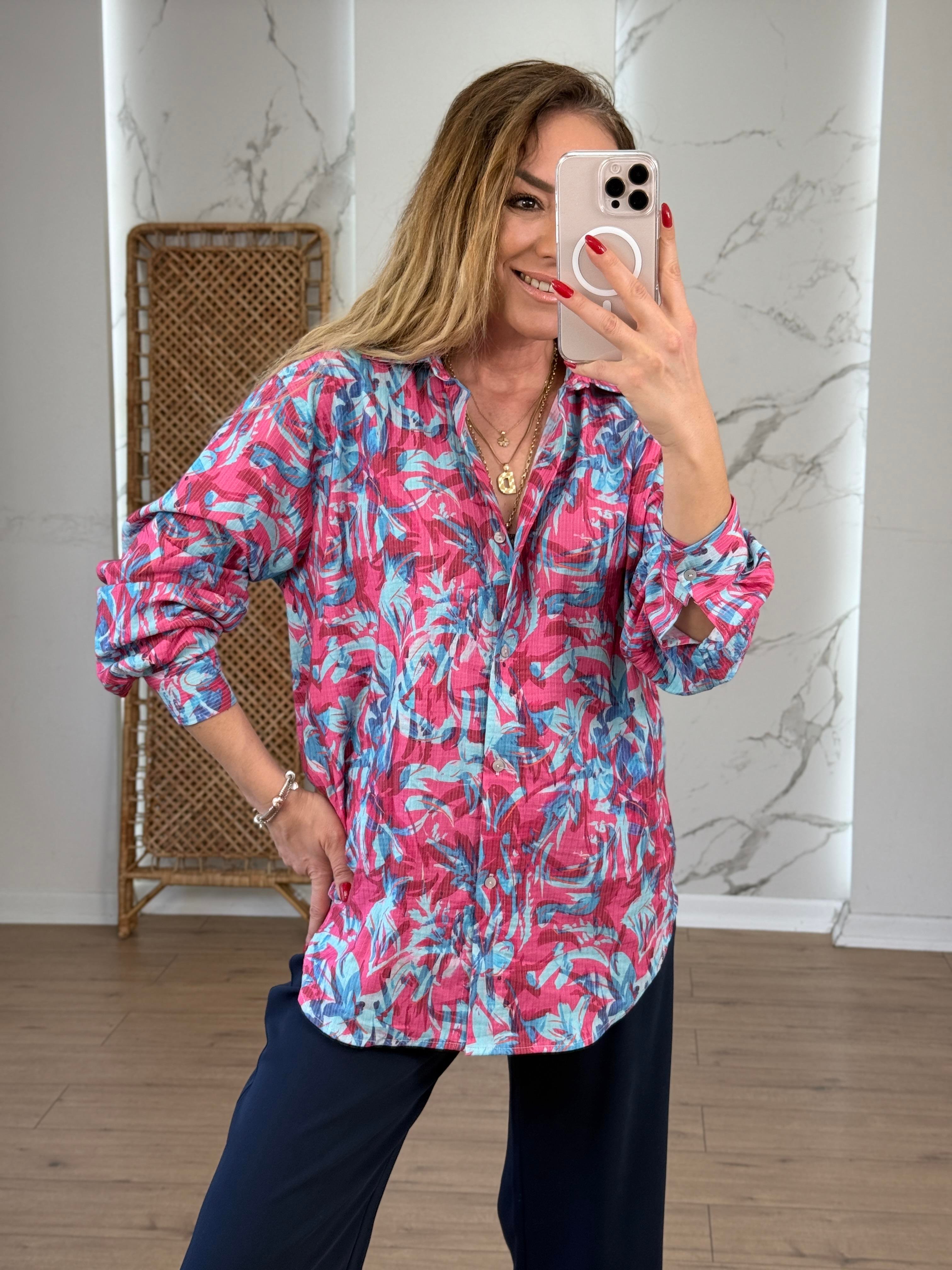 Likralı Batik Desenli Renkli Gömlek PEMBE