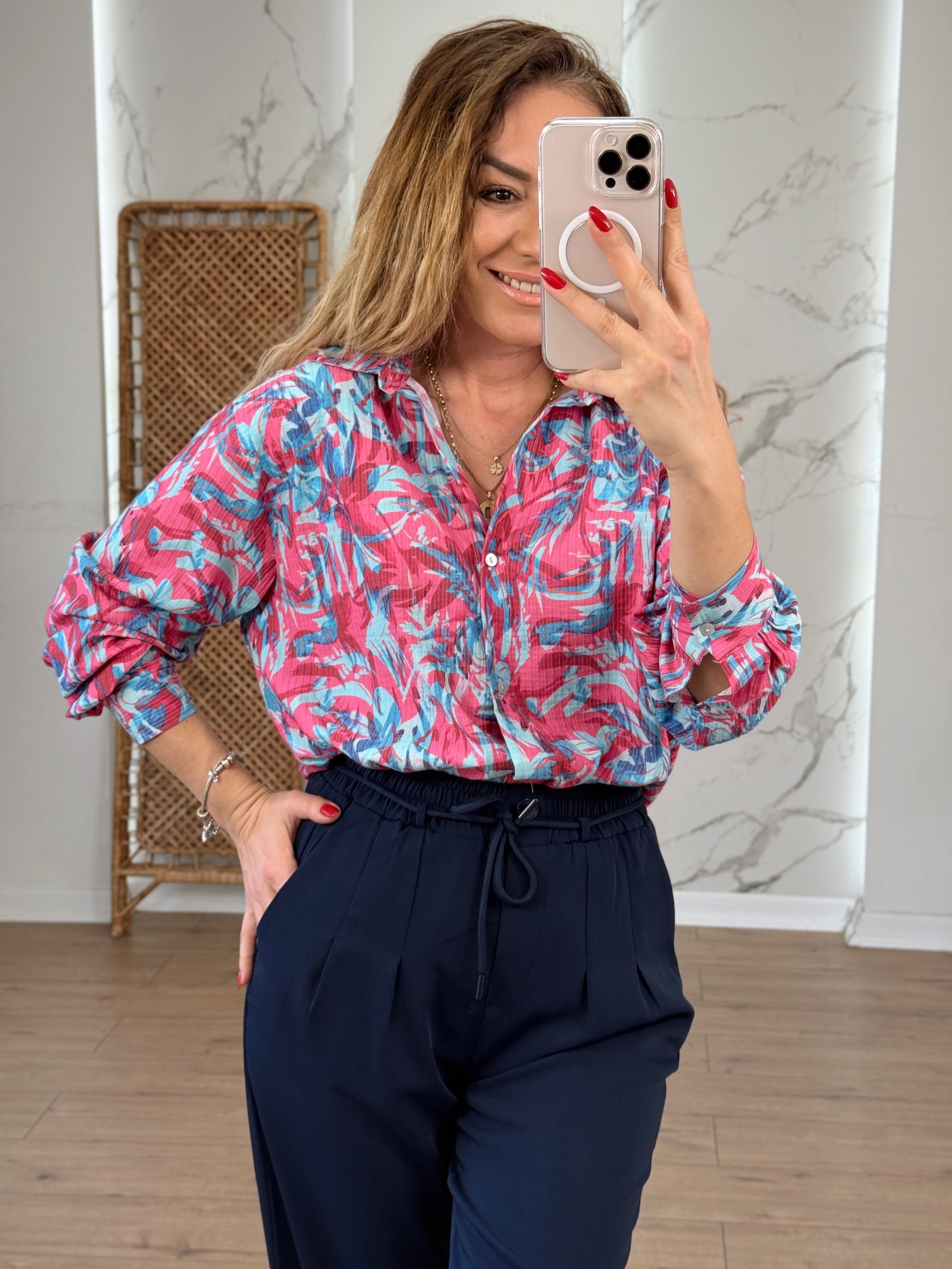 Likralı Batik Desenli Renkli Gömlek PEMBE