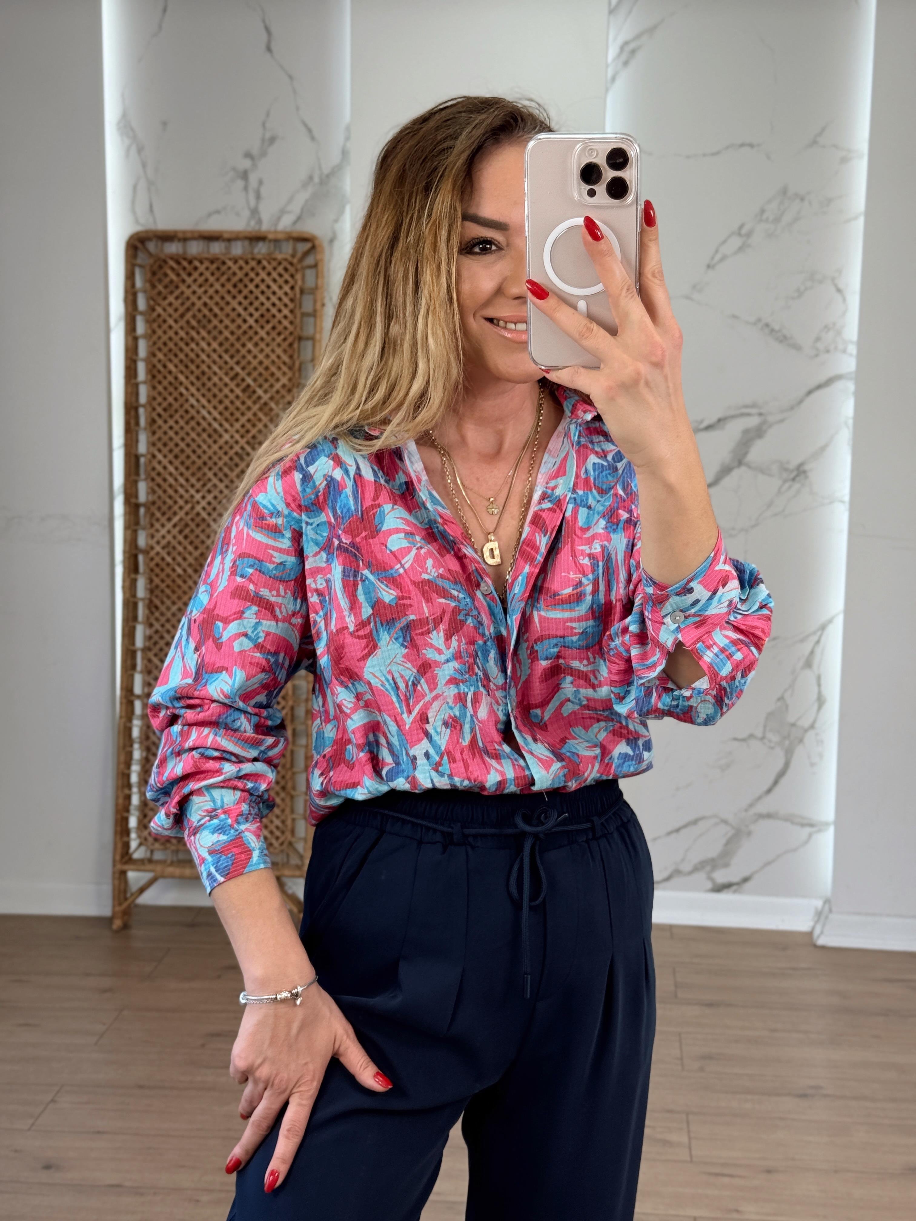 Likralı Batik Desenli Renkli Gömlek PEMBE