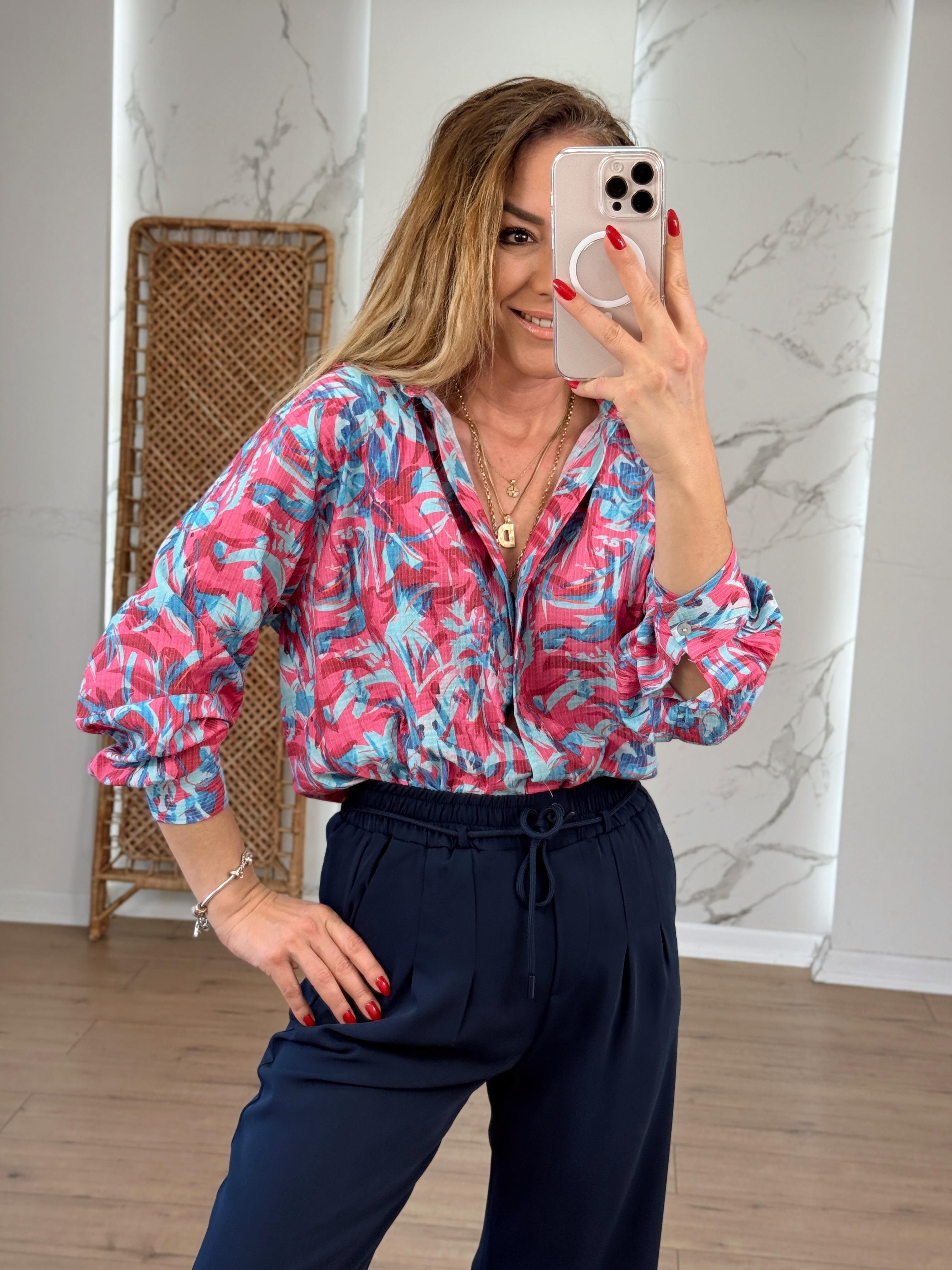 Likralı Batik Desenli Renkli Gömlek PEMBE