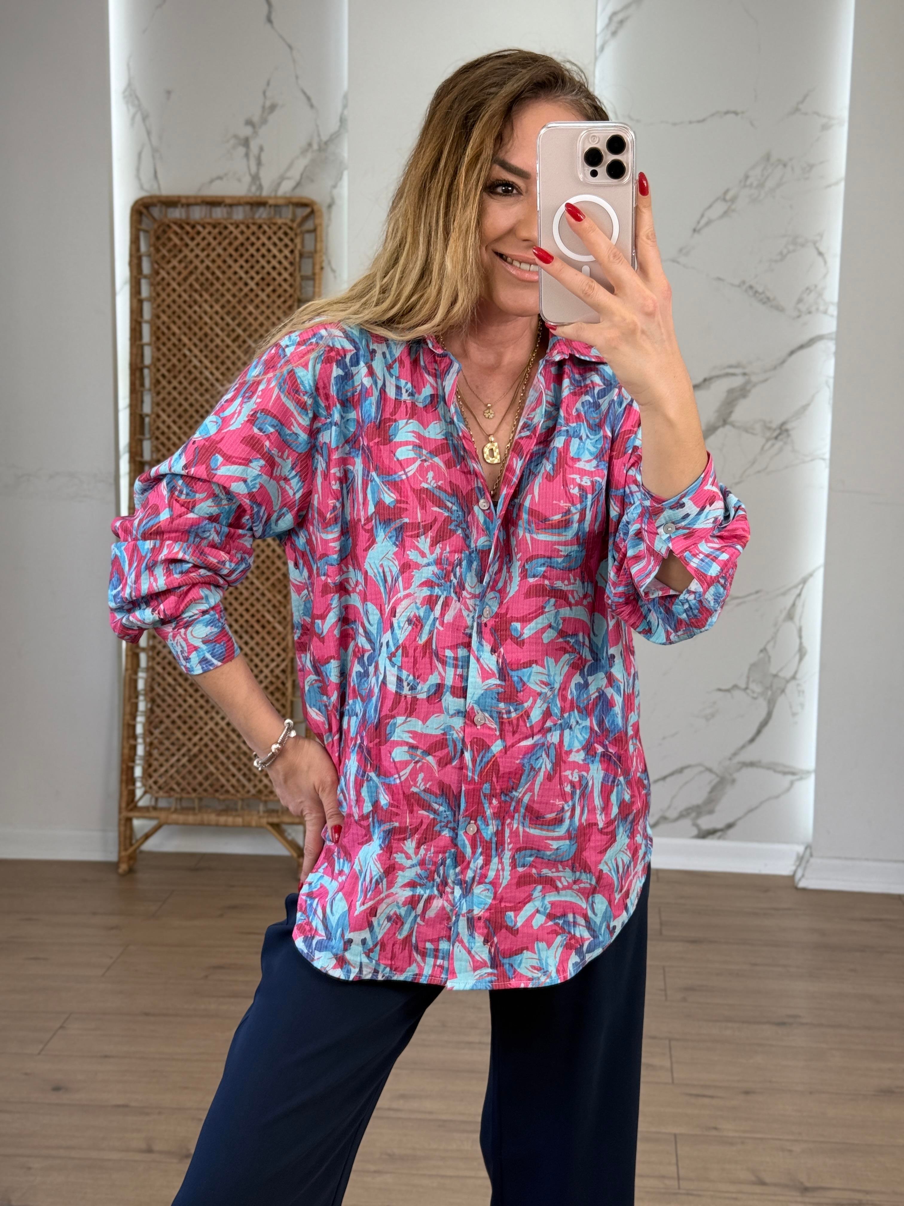Likralı Batik Desenli Renkli Gömlek PEMBE