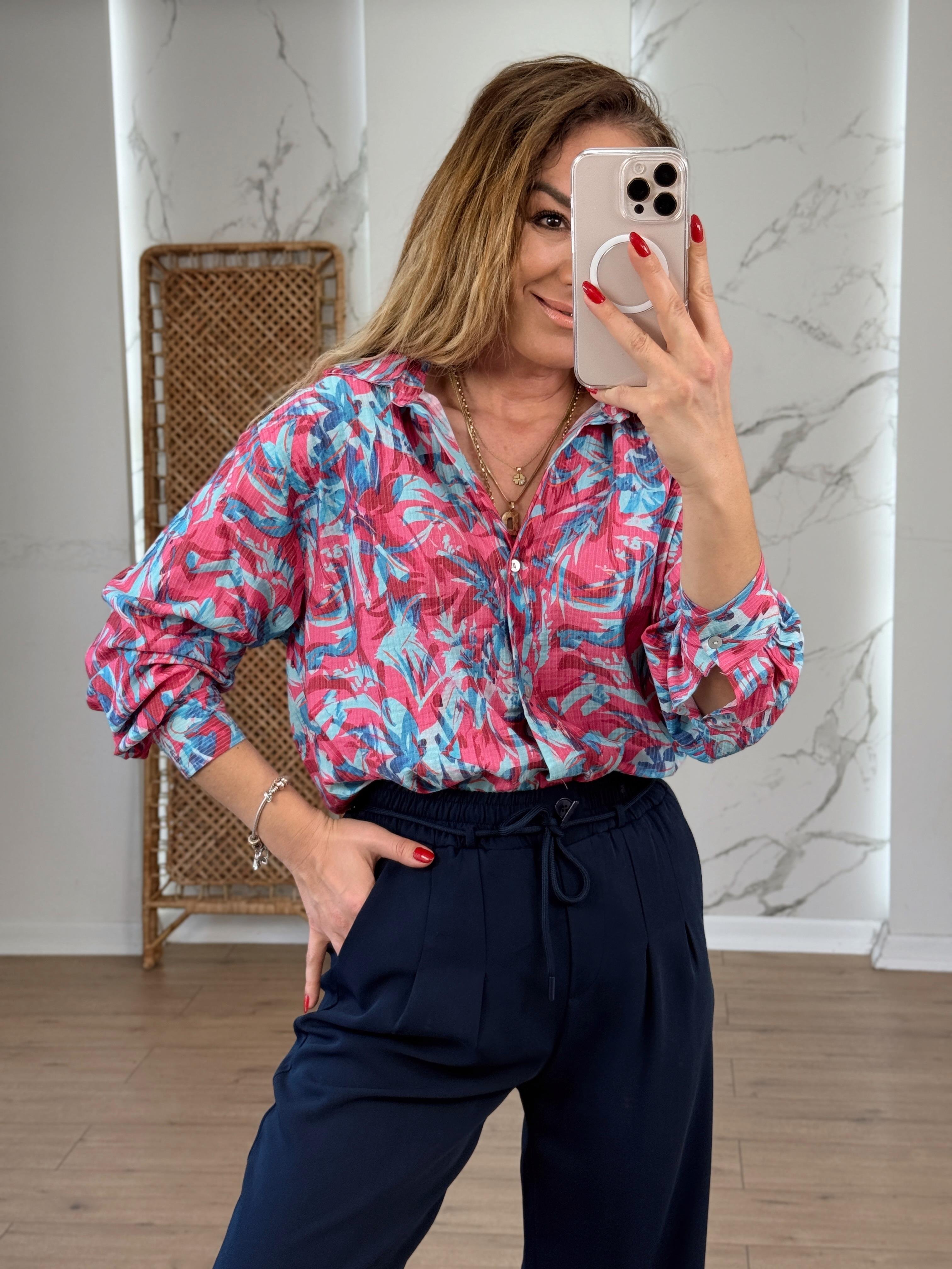 Likralı Batik Desenli Renkli Gömlek PEMBE