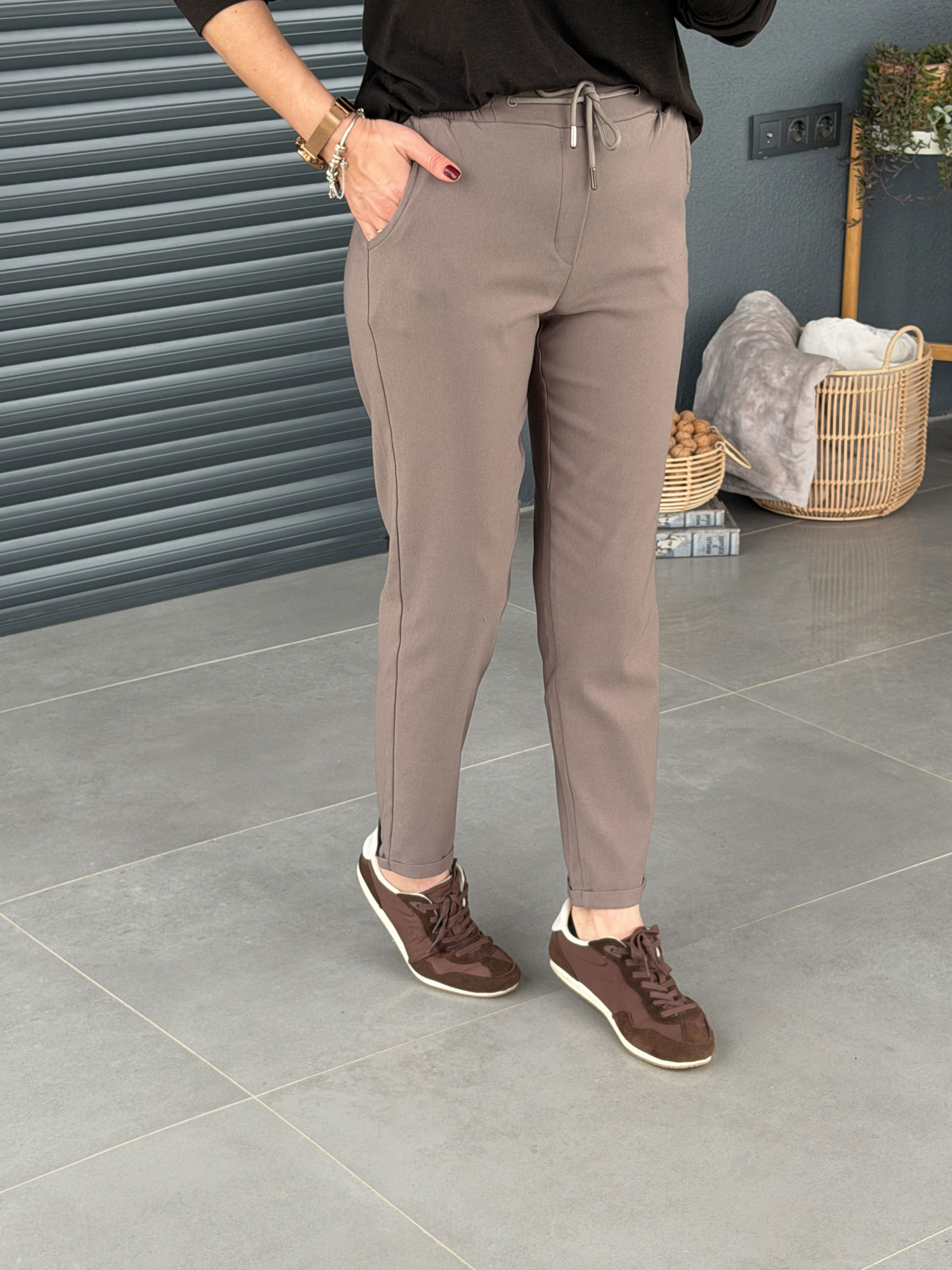Likralı Beli Lastikli Duble Paça Pantolon KAHVE