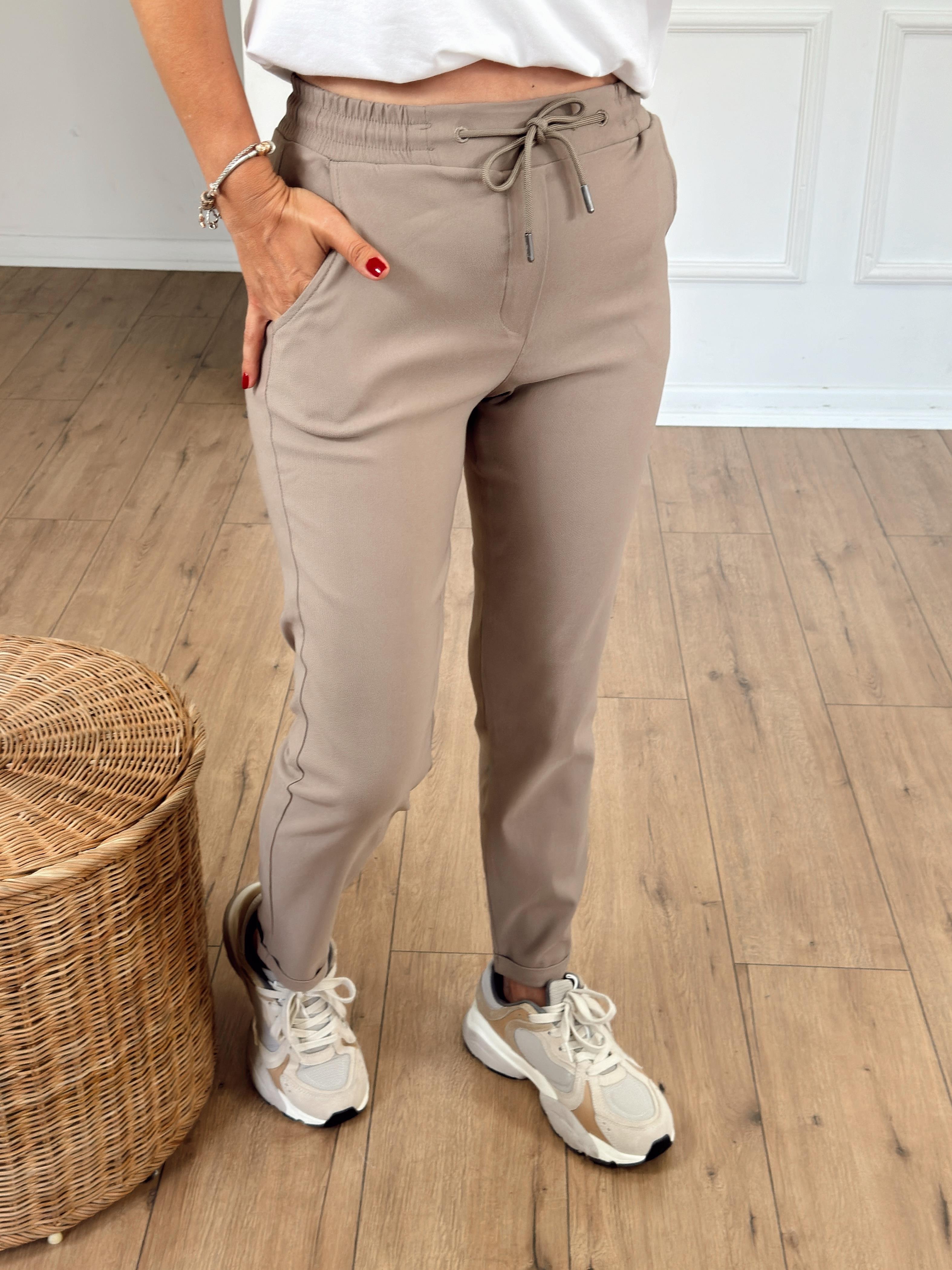 Likralı Beli Lastikli Duble Paça Pantolon VİZON