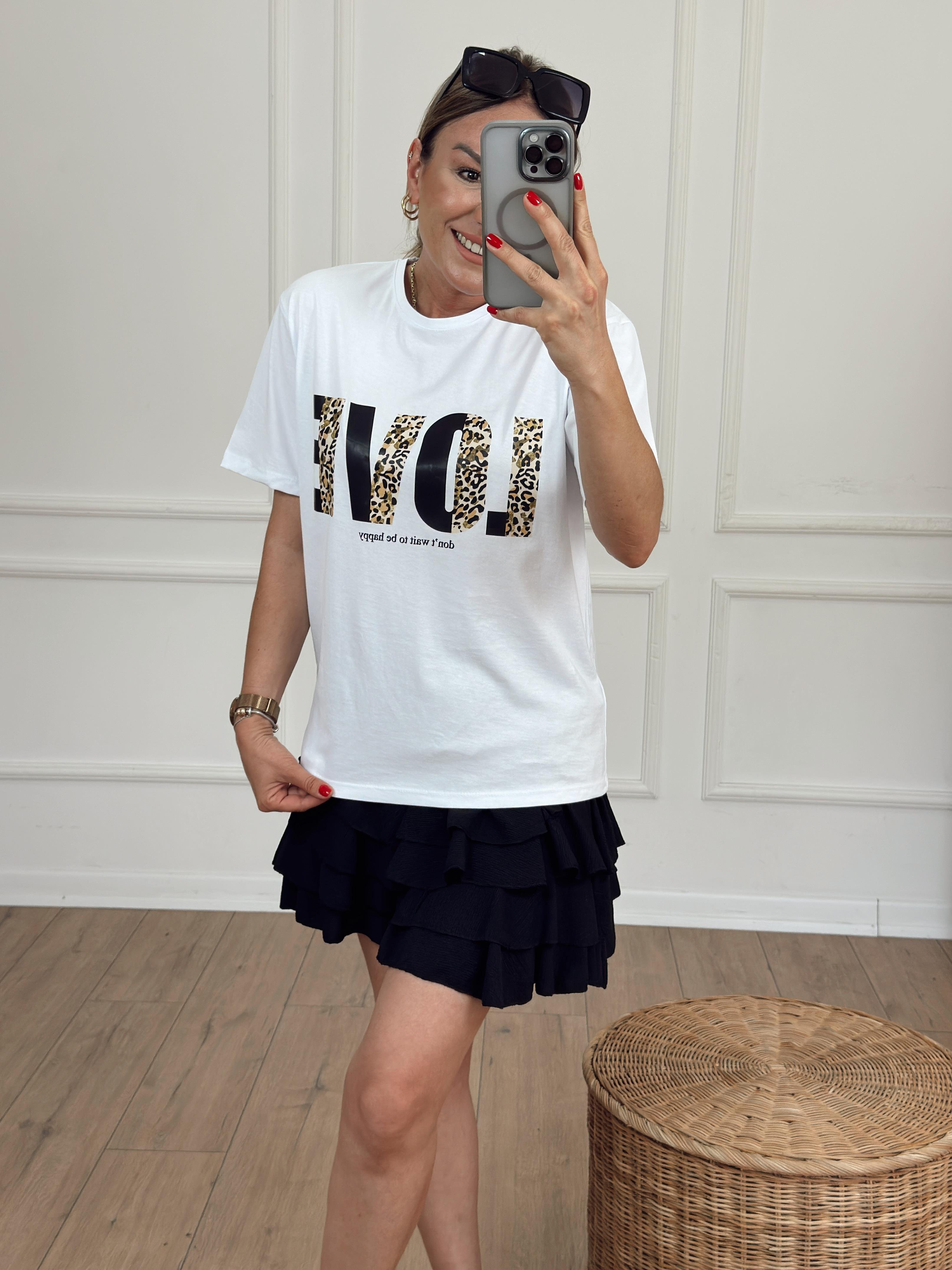 Love Leopar Baskılı Tshirt BEYAZ