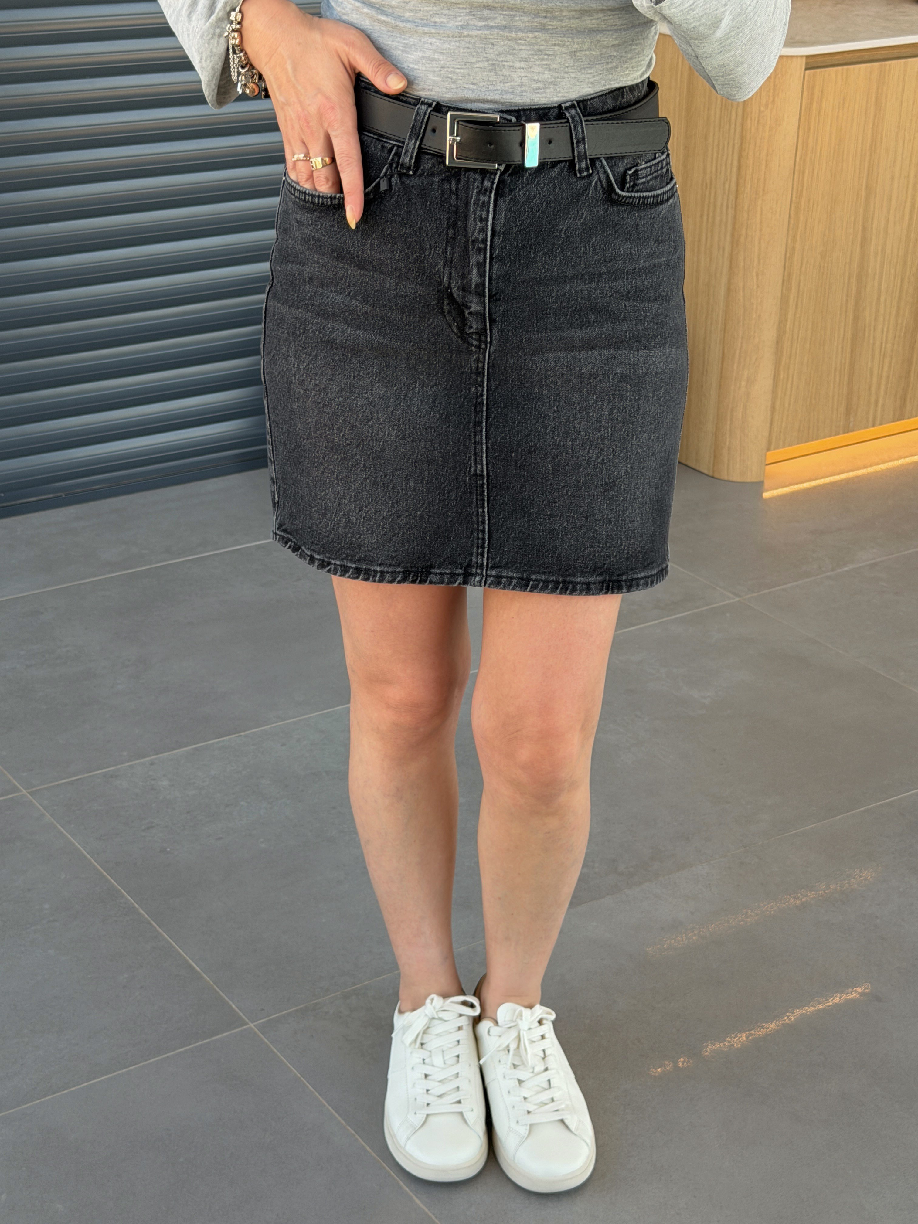 Mini Kemerli Jean Etek SİYAH
