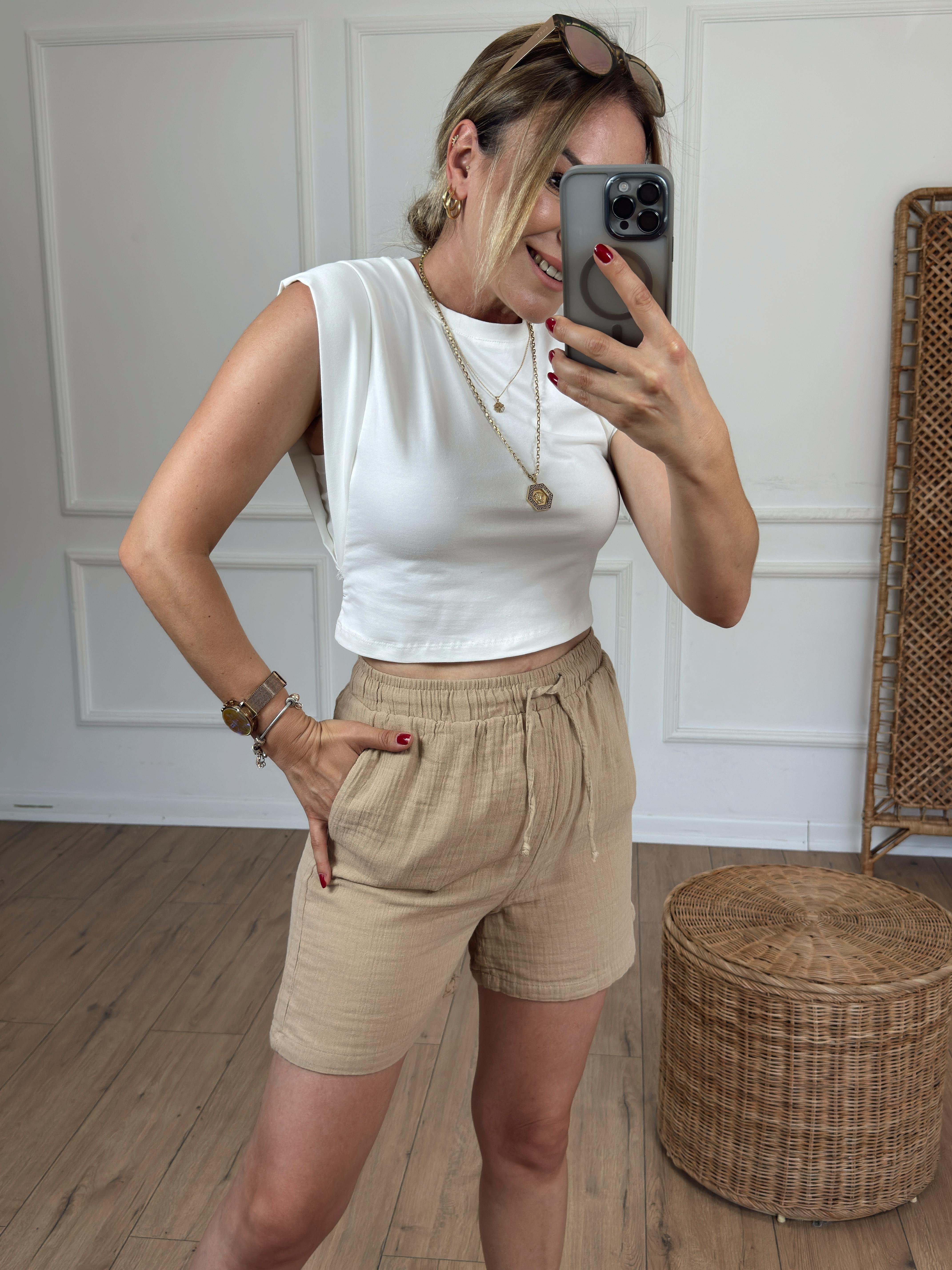 Müslin Kumaş Beli Bağcıklı Şort CAMEL