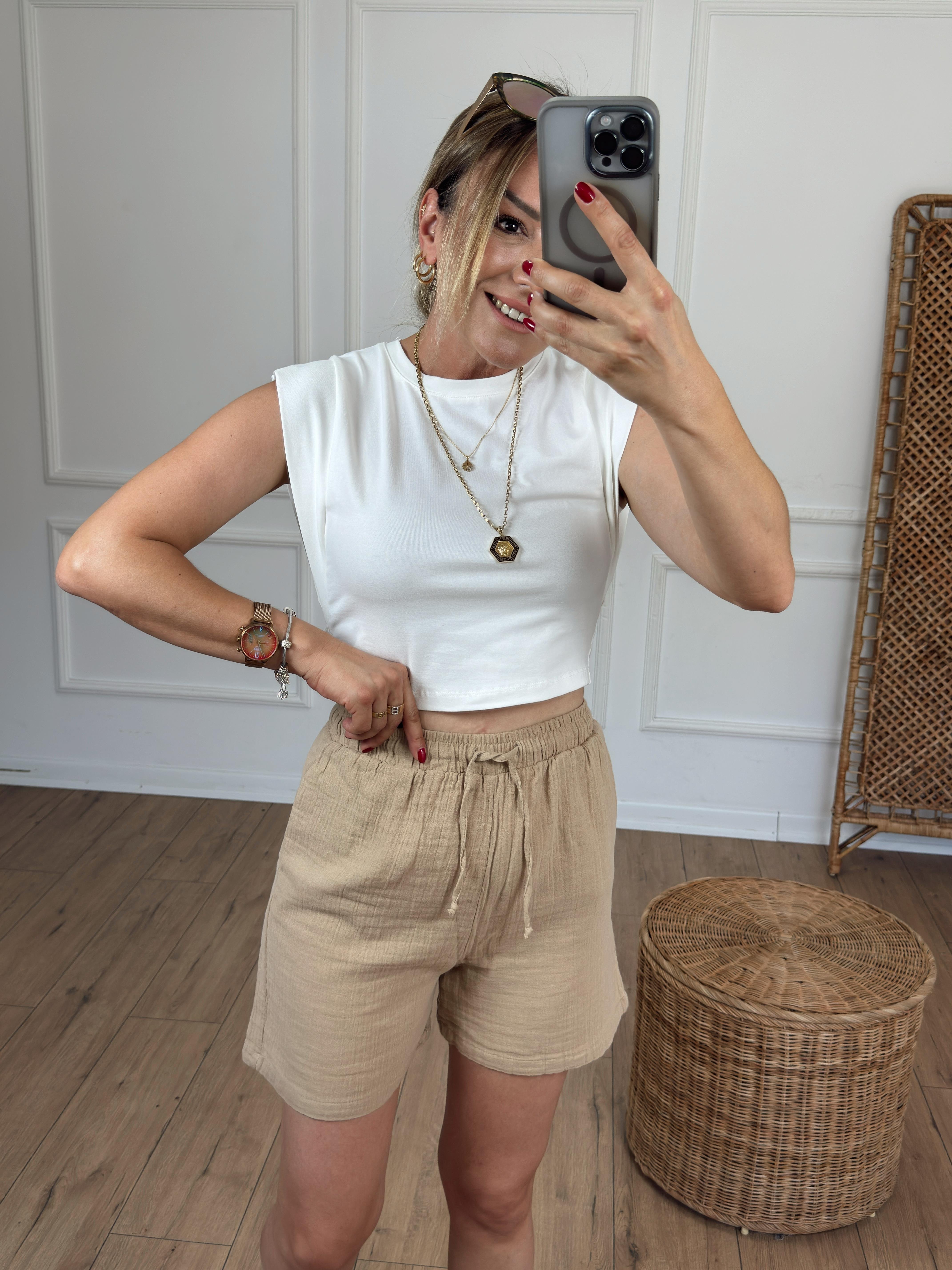 Müslin Kumaş Beli Bağcıklı Şort CAMEL
