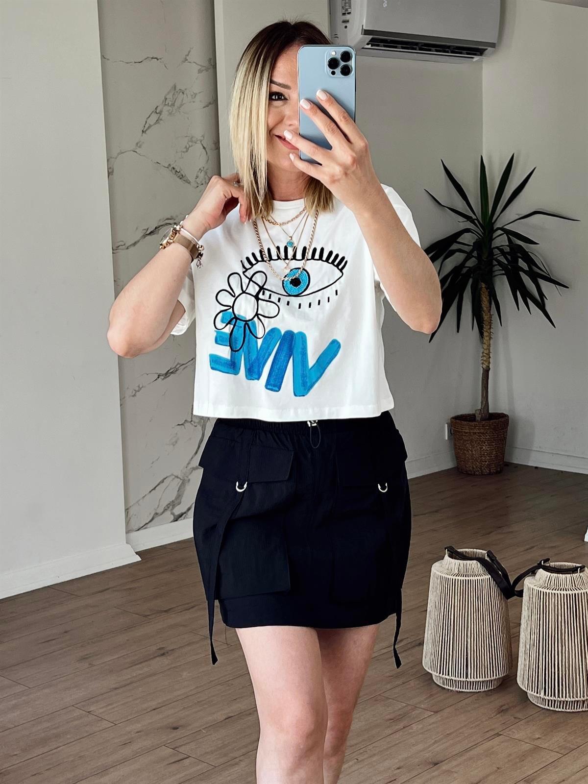 Nakışlı Crop Tshirt EKRU