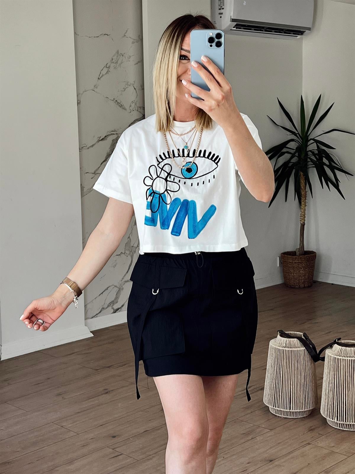 Nakışlı Crop Tshirt EKRU