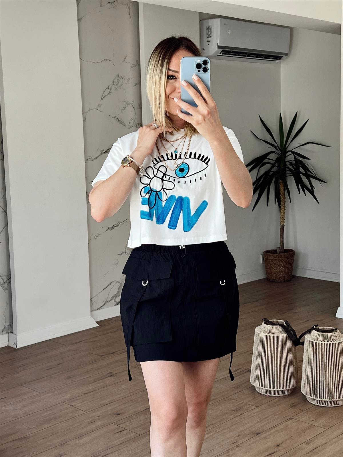 Nakışlı Crop Tshirt EKRU