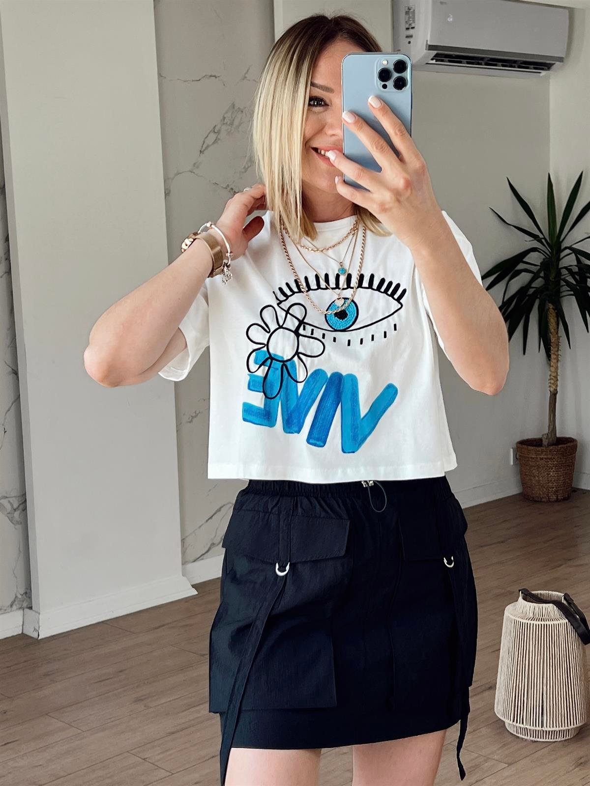 Nakışlı Crop Tshirt EKRU