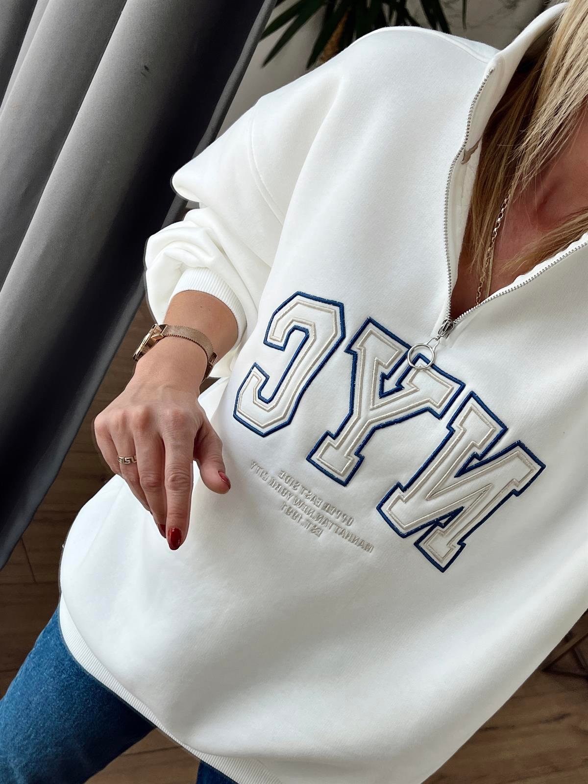 Nakışlı Fermuar Detaylı Sweat EKRU