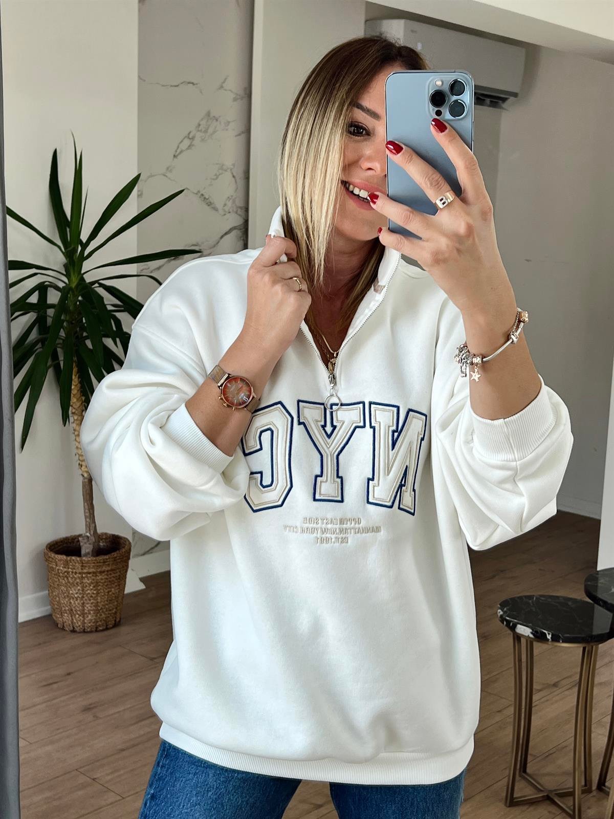 Nakışlı Fermuar Detaylı Sweat EKRU