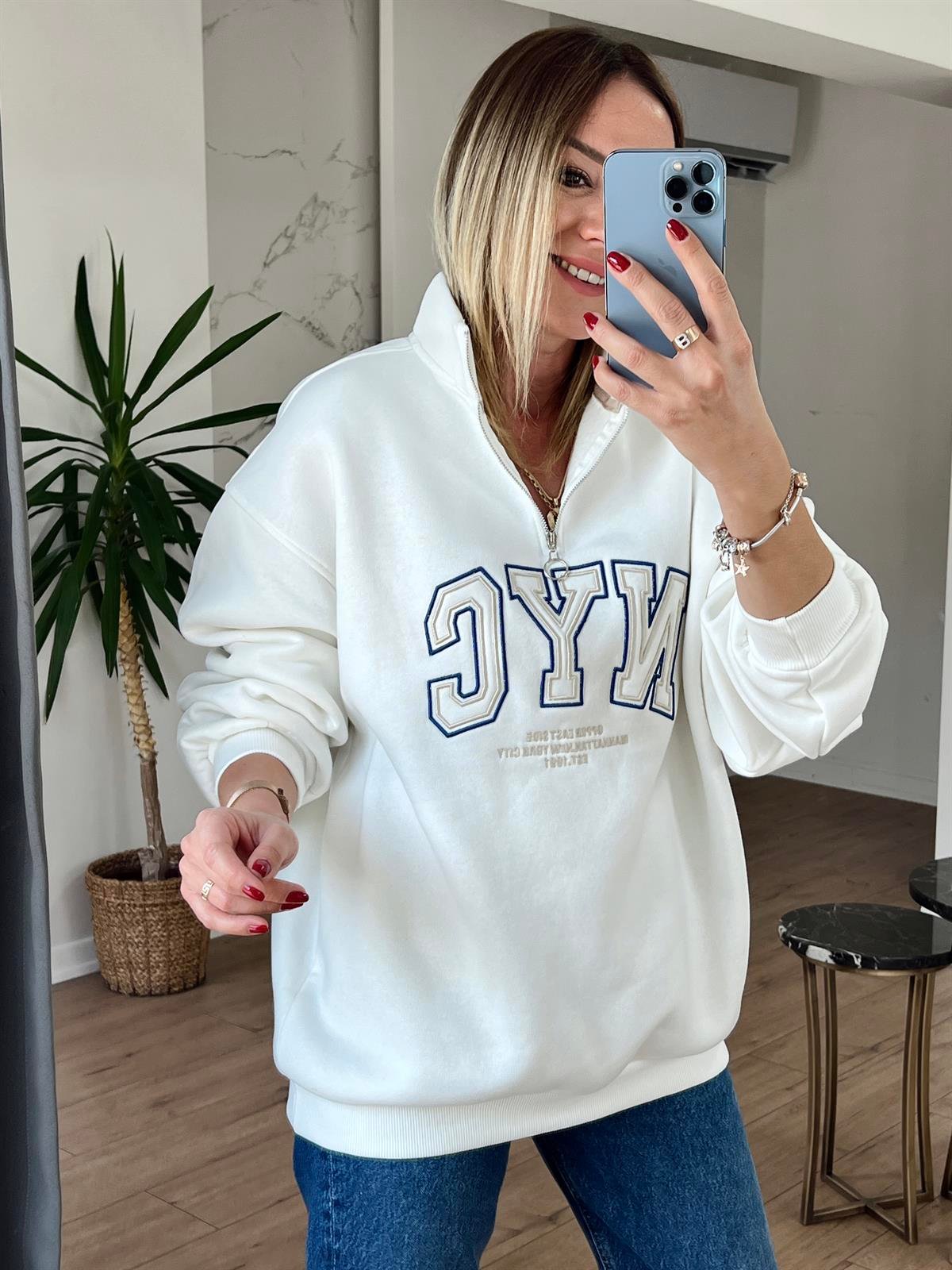 Nakışlı Fermuar Detaylı Sweat EKRU