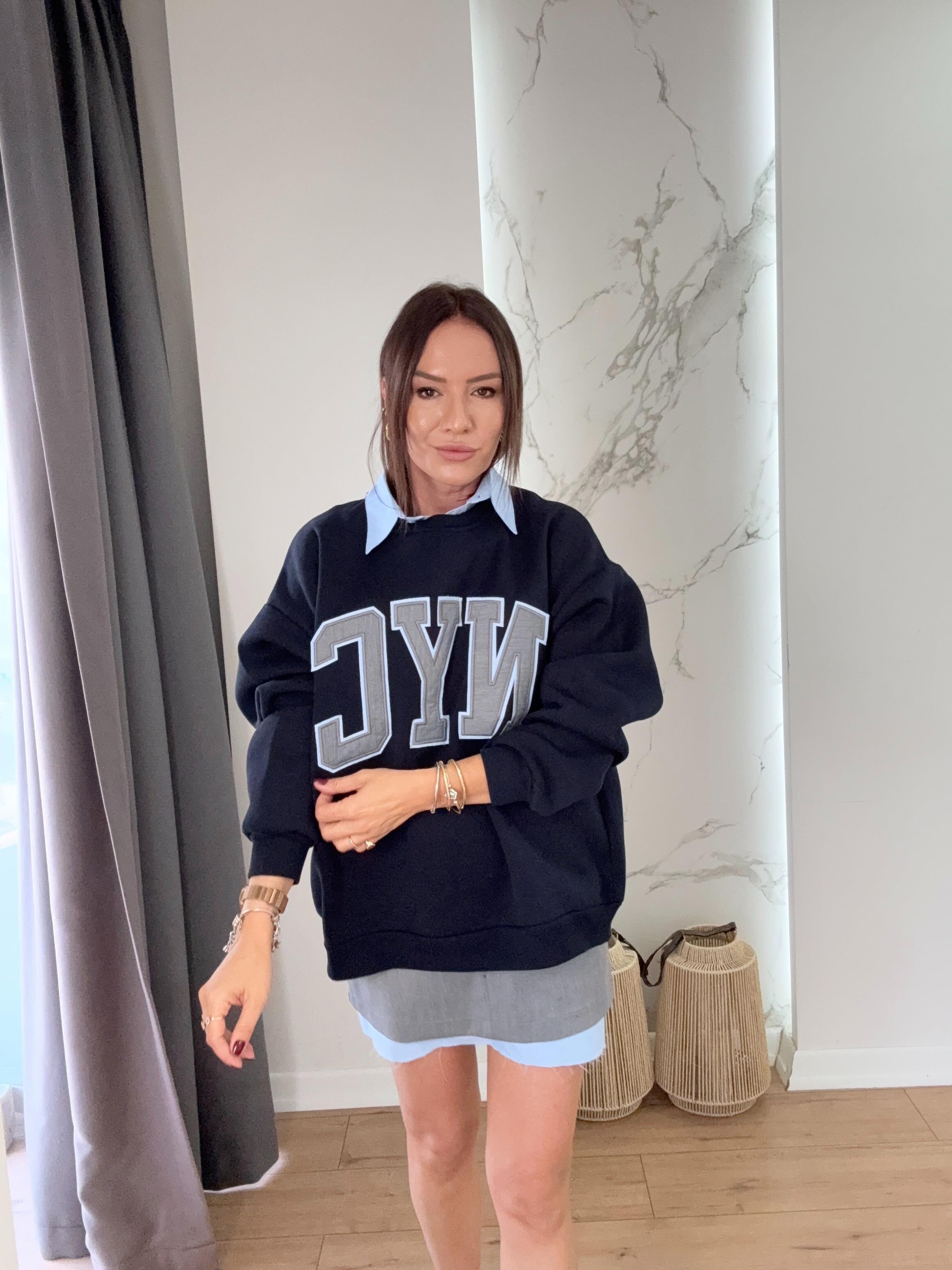 Nakışlı Gömlek Yaka Sweatshirt LACİVERT