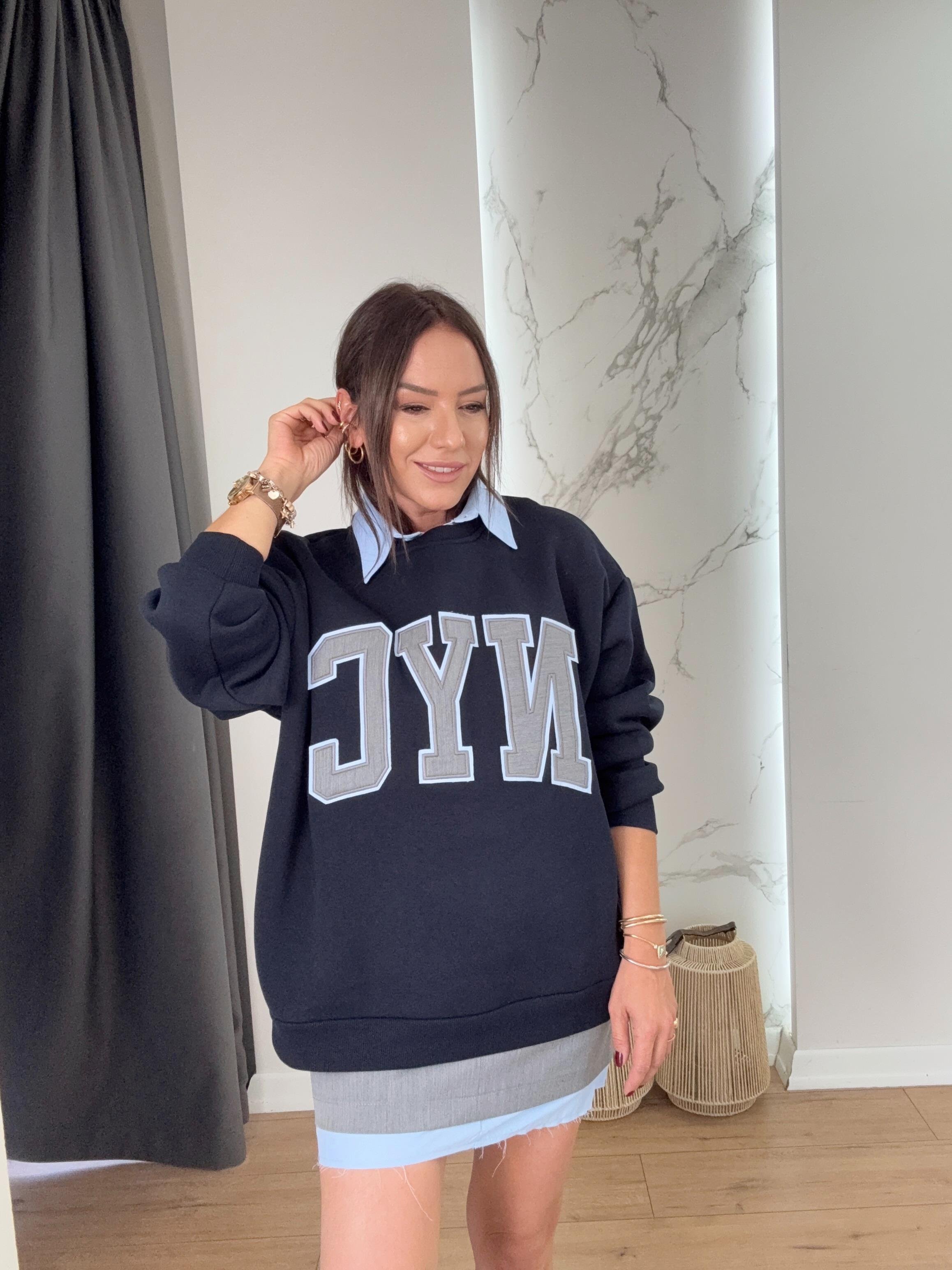 Nakışlı Gömlek Yaka Sweatshirt LACİVERT