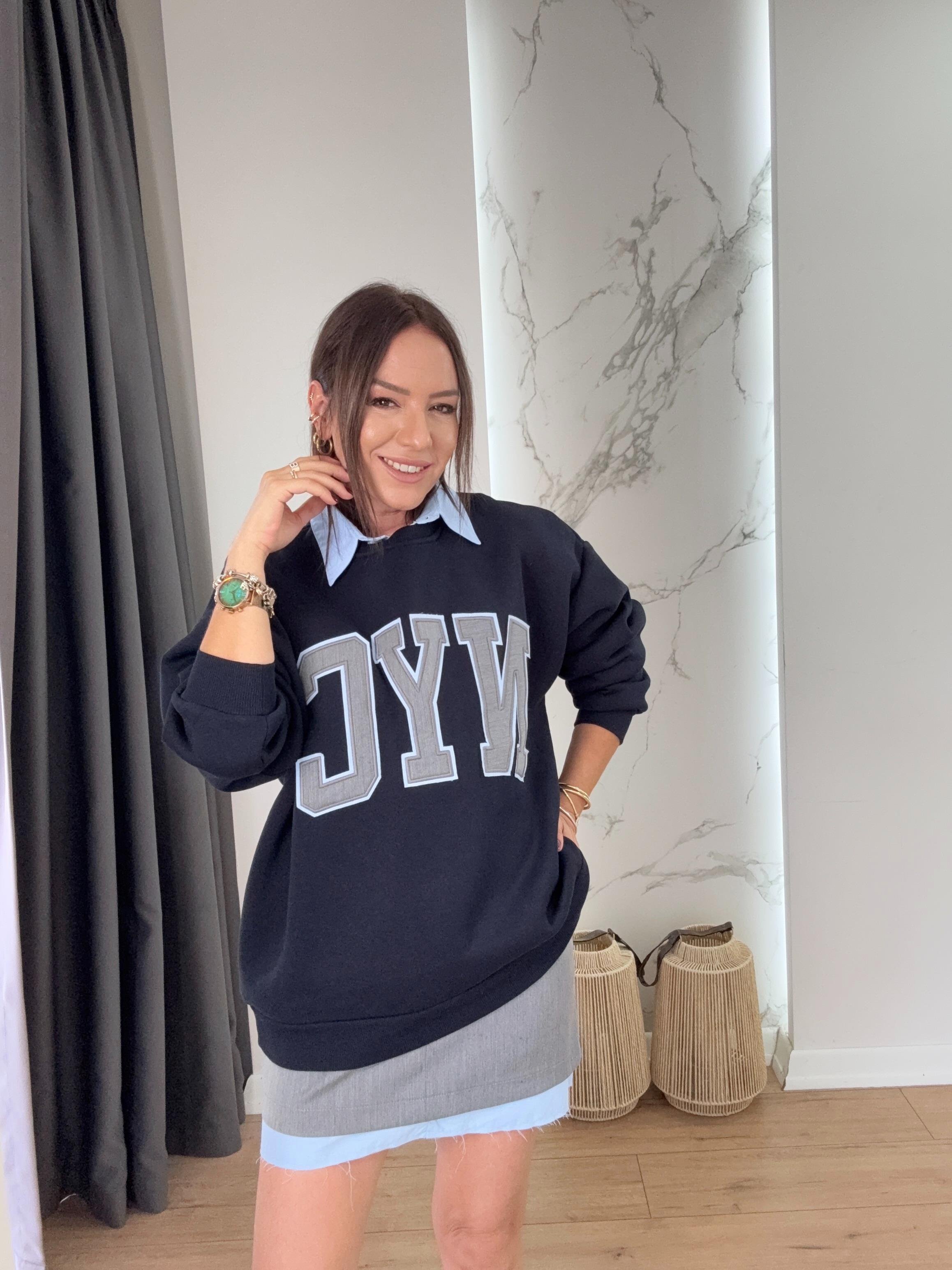 Nakışlı Gömlek Yaka Sweatshirt LACİVERT