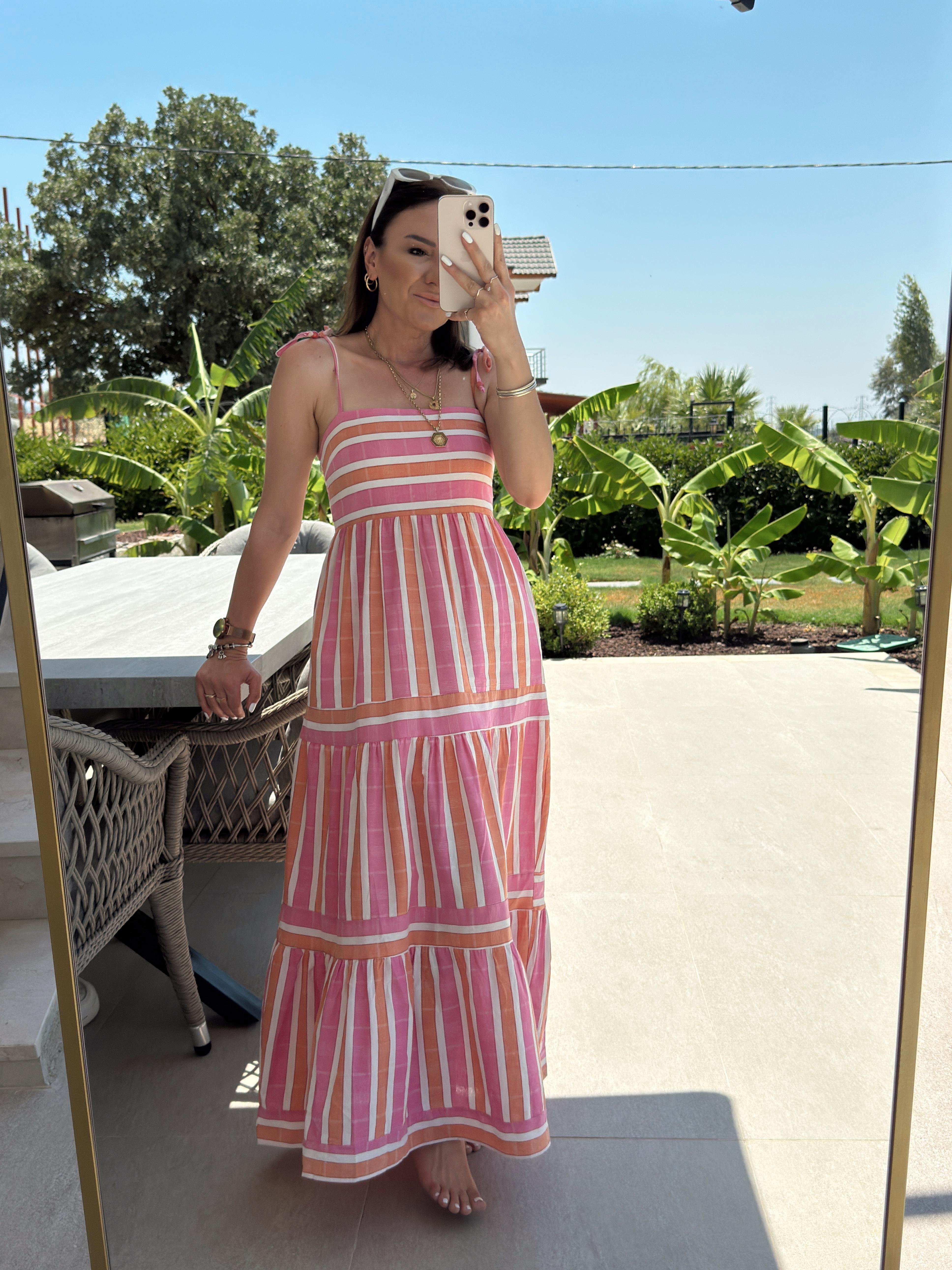 Omuz Bağlamalı Çizgili Elbise PEMBE