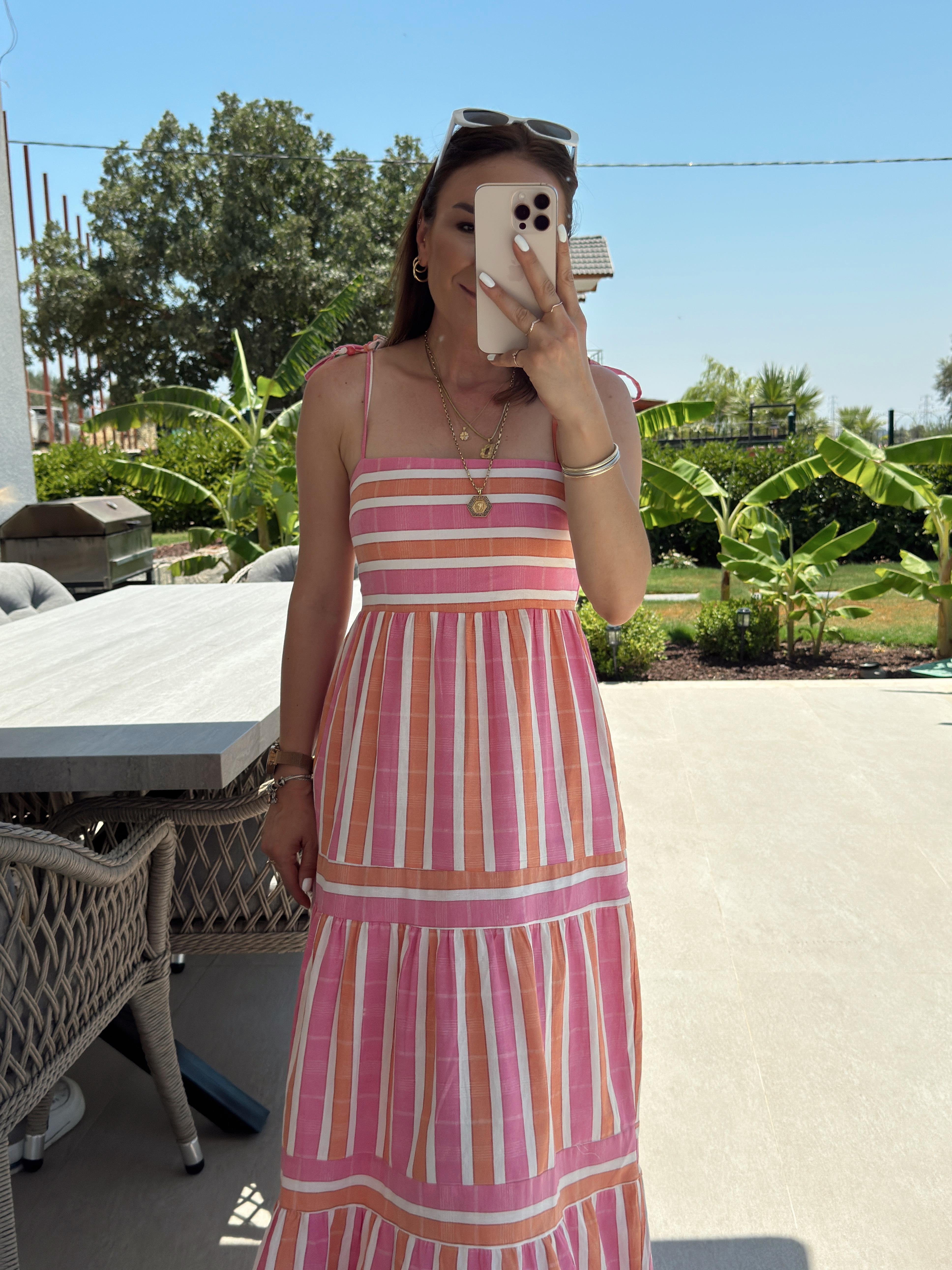 Omuz Bağlamalı Çizgili Elbise PEMBE