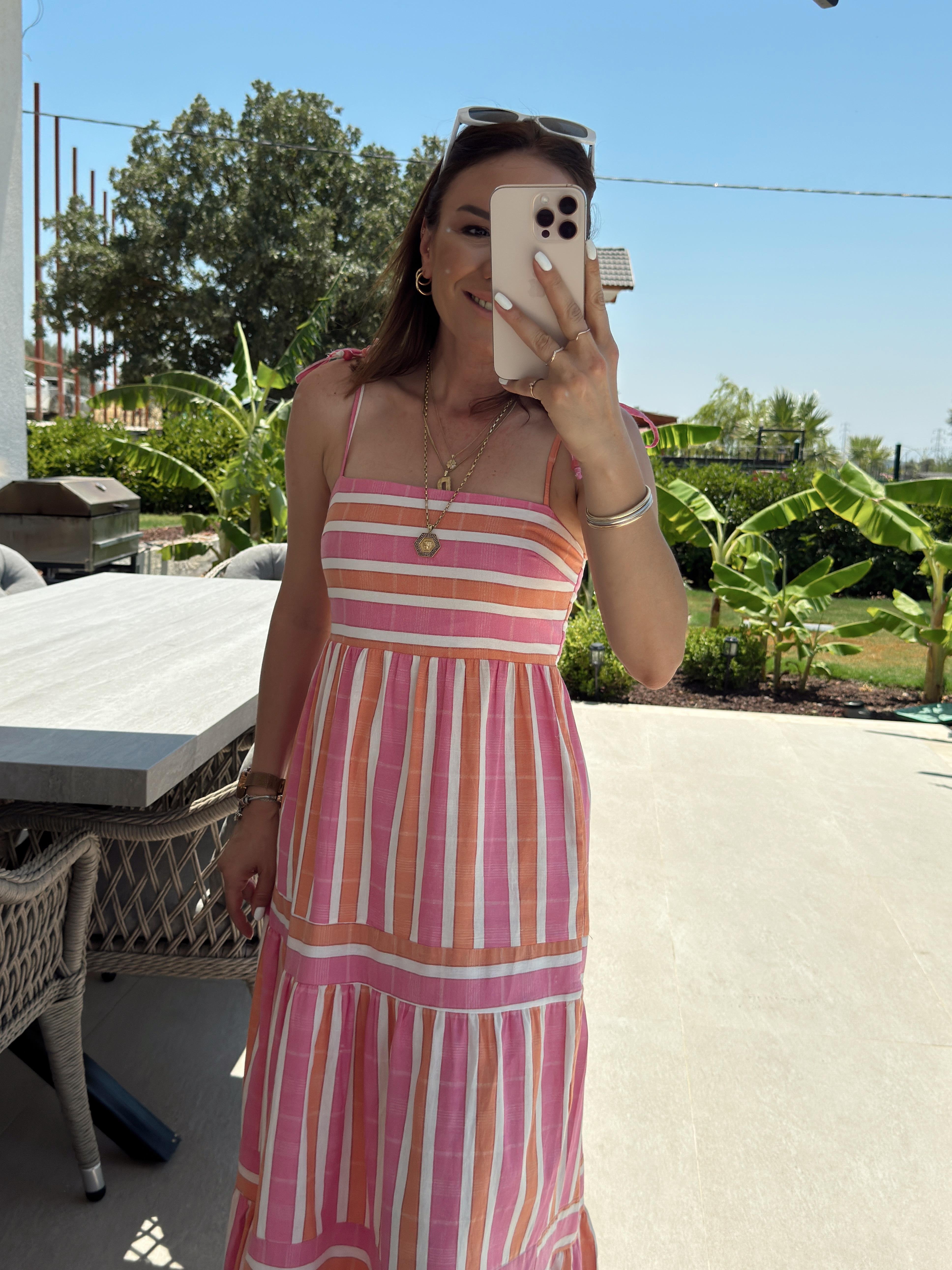 Omuz Bağlamalı Çizgili Elbise PEMBE