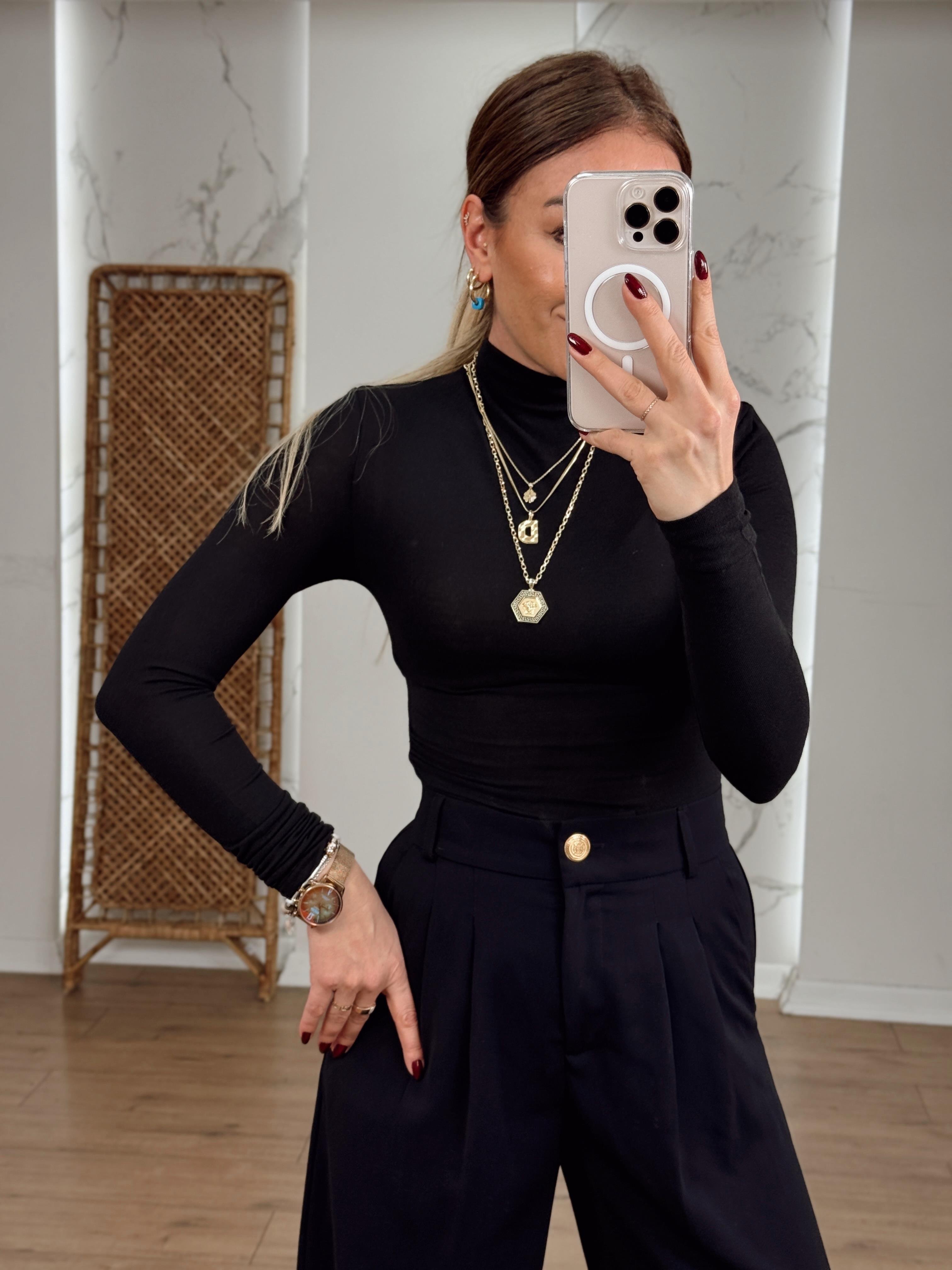 Omuzu Ve Yanı Büzgülü Yarım Balıkçı Yaka Body SİYAH