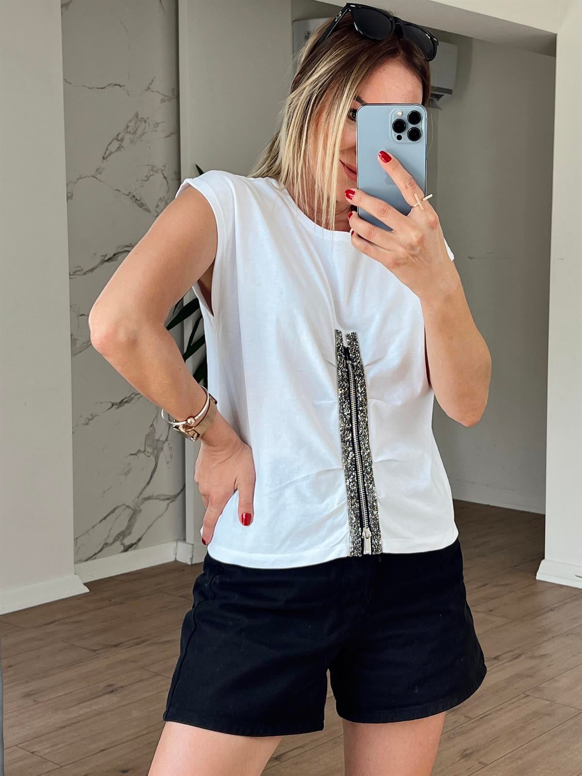 Önden Fermuarlı Taşlı Tshirt BEYAZ