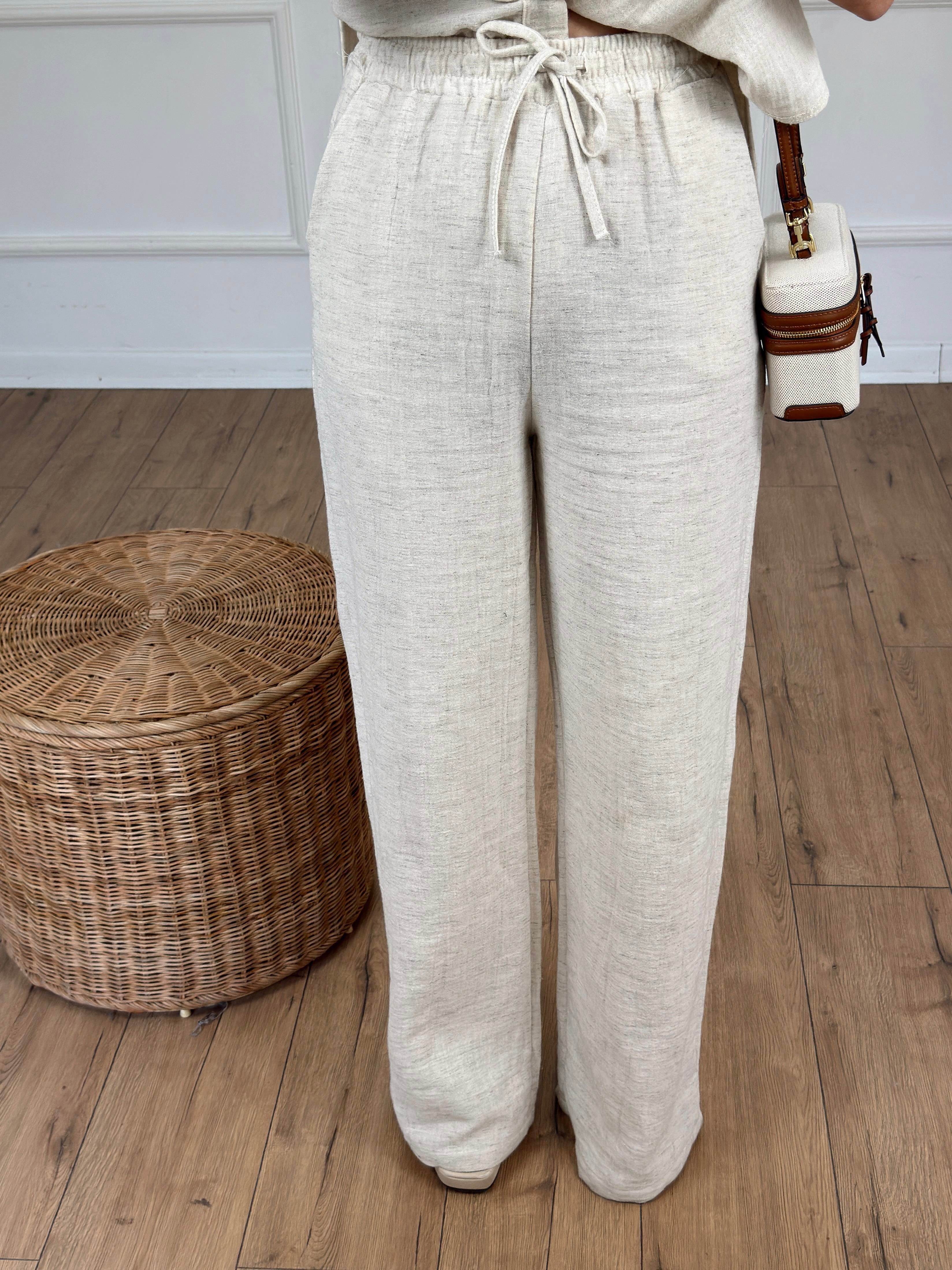 Önü Bağcıklı Keten Pantolon NATURAL