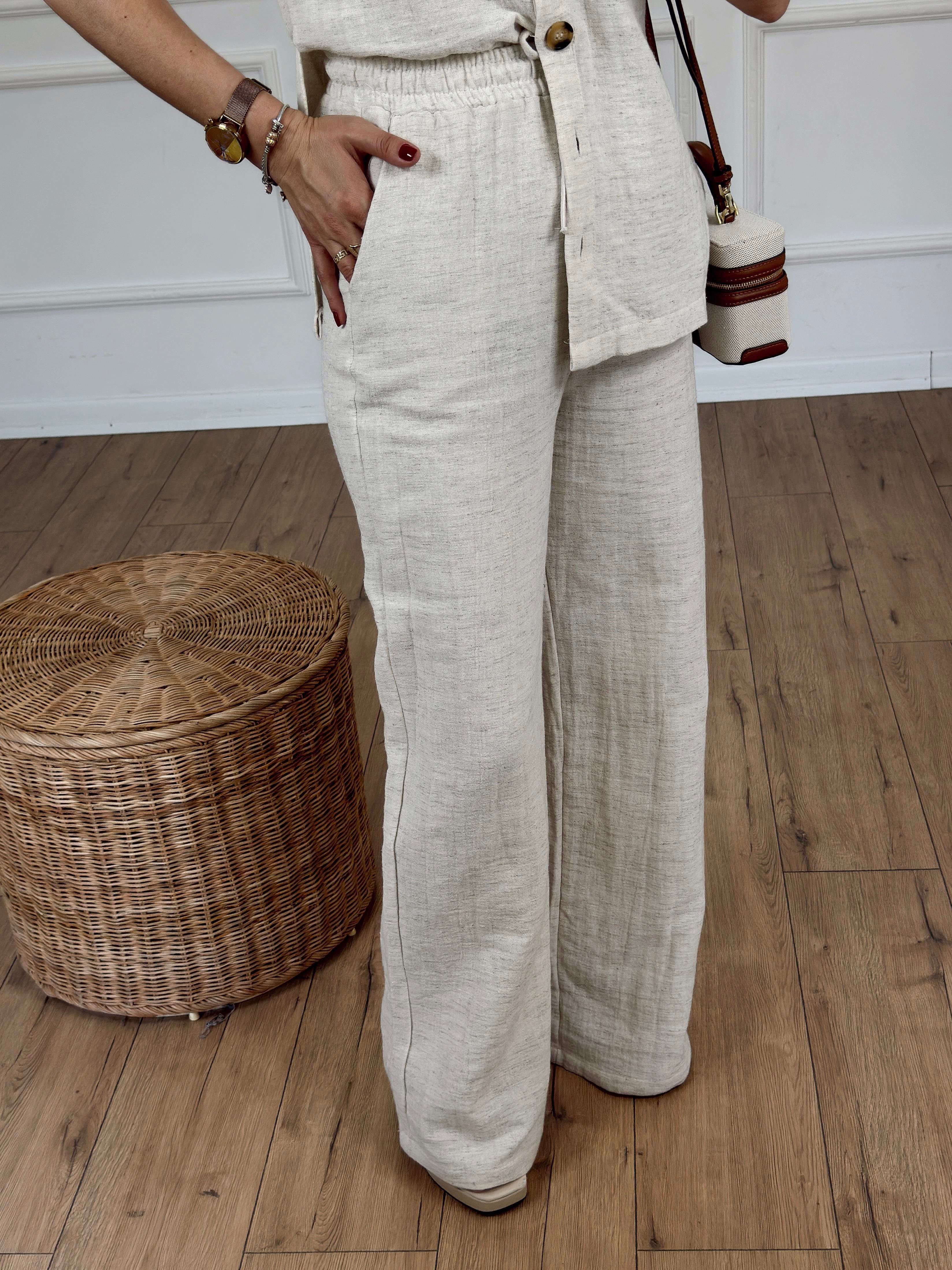 Önü Bağcıklı Keten Pantolon NATURAL