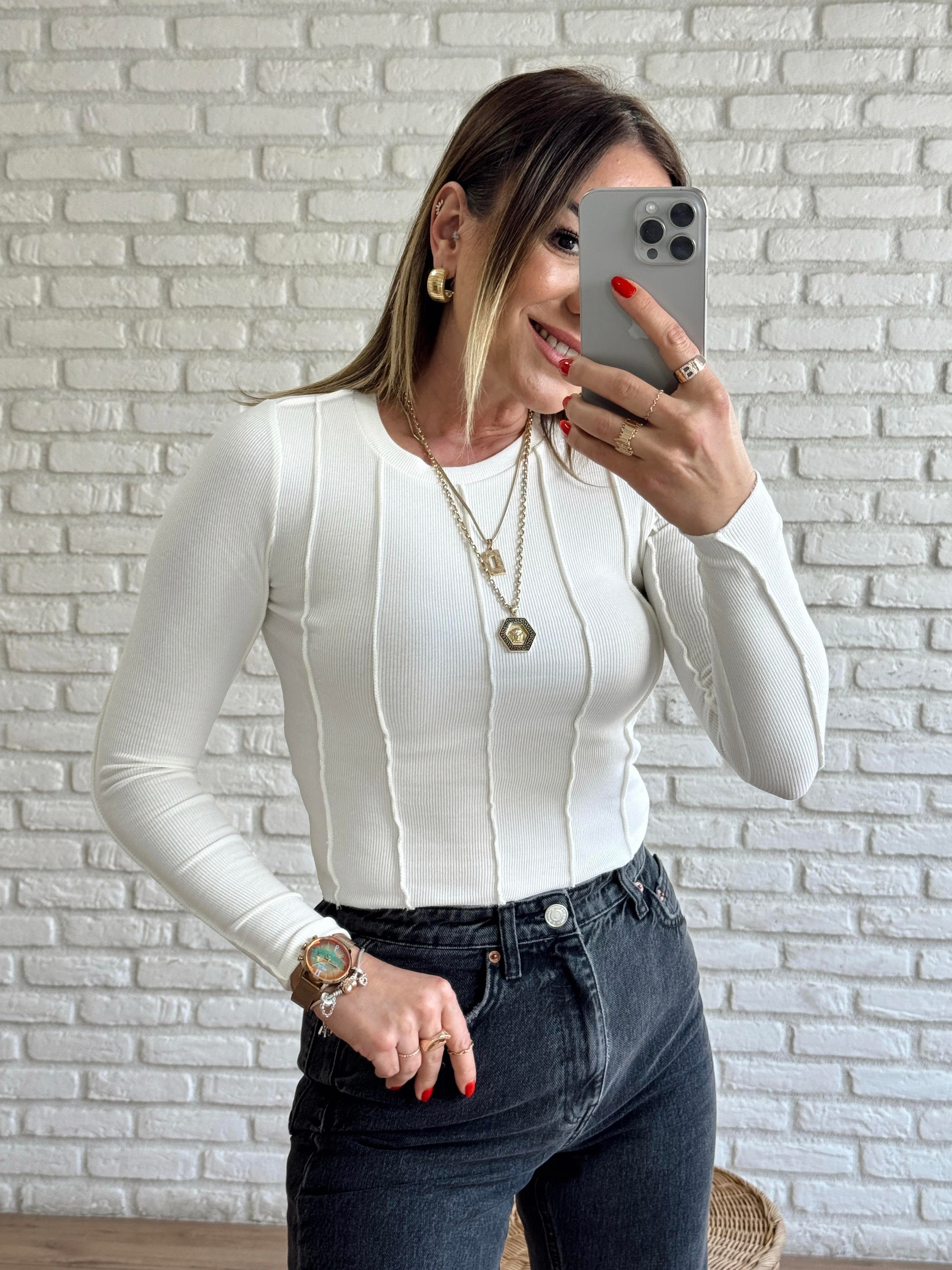 Önü Dikişli Bluz EKRU