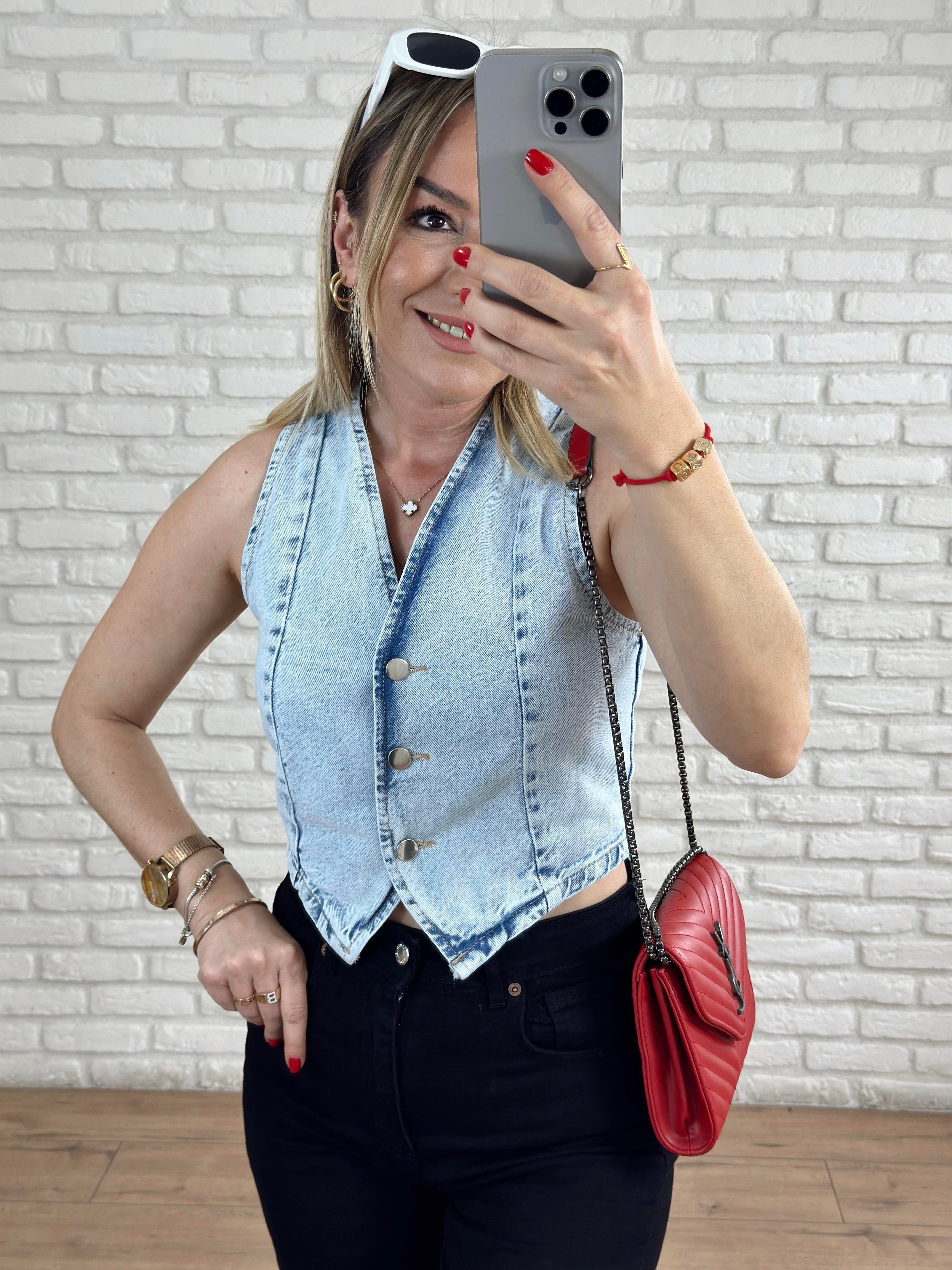 Önü Düğmeli Kot Yelek MAVİ