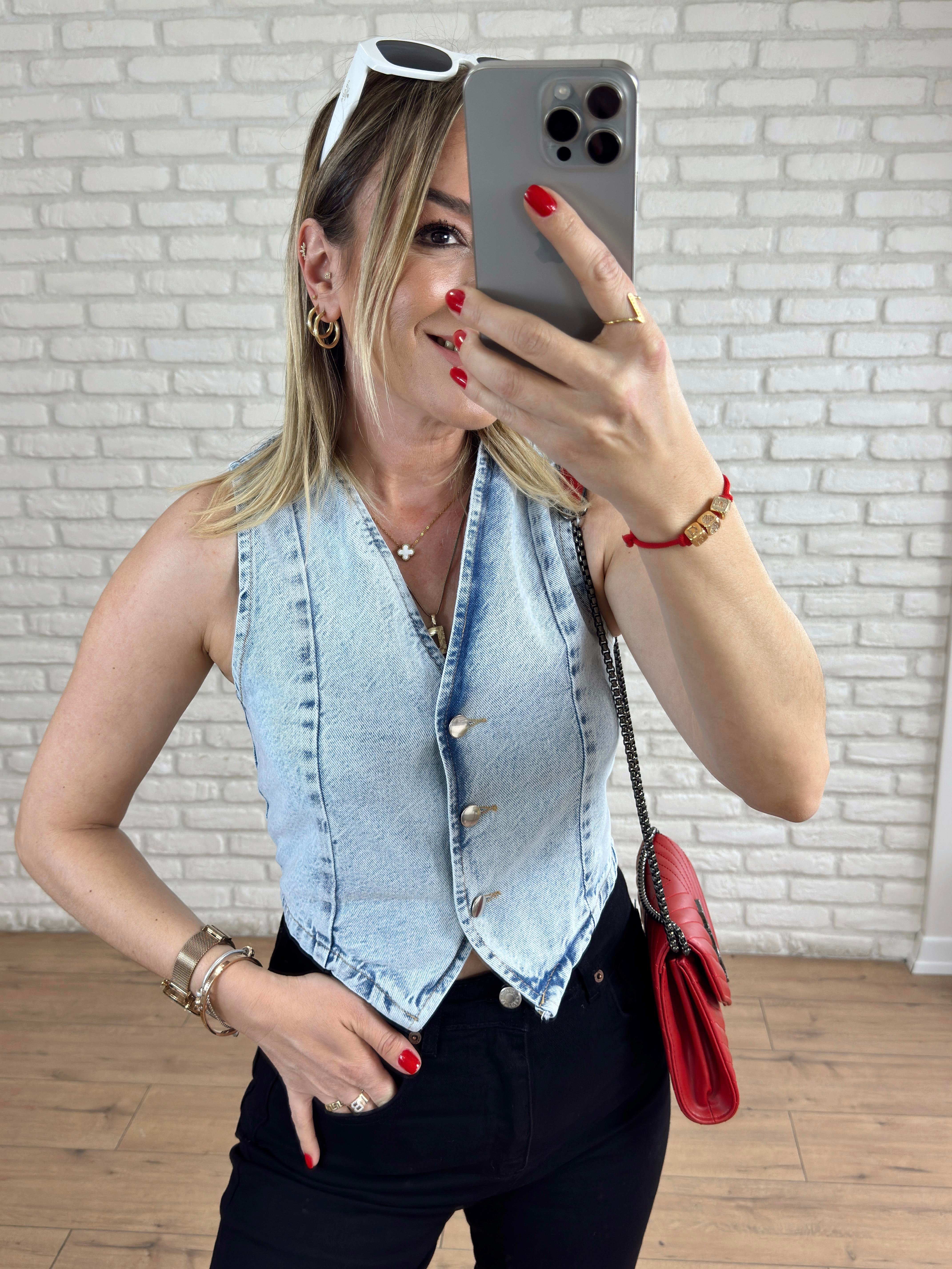 Önü Düğmeli Kot Yelek MAVİ