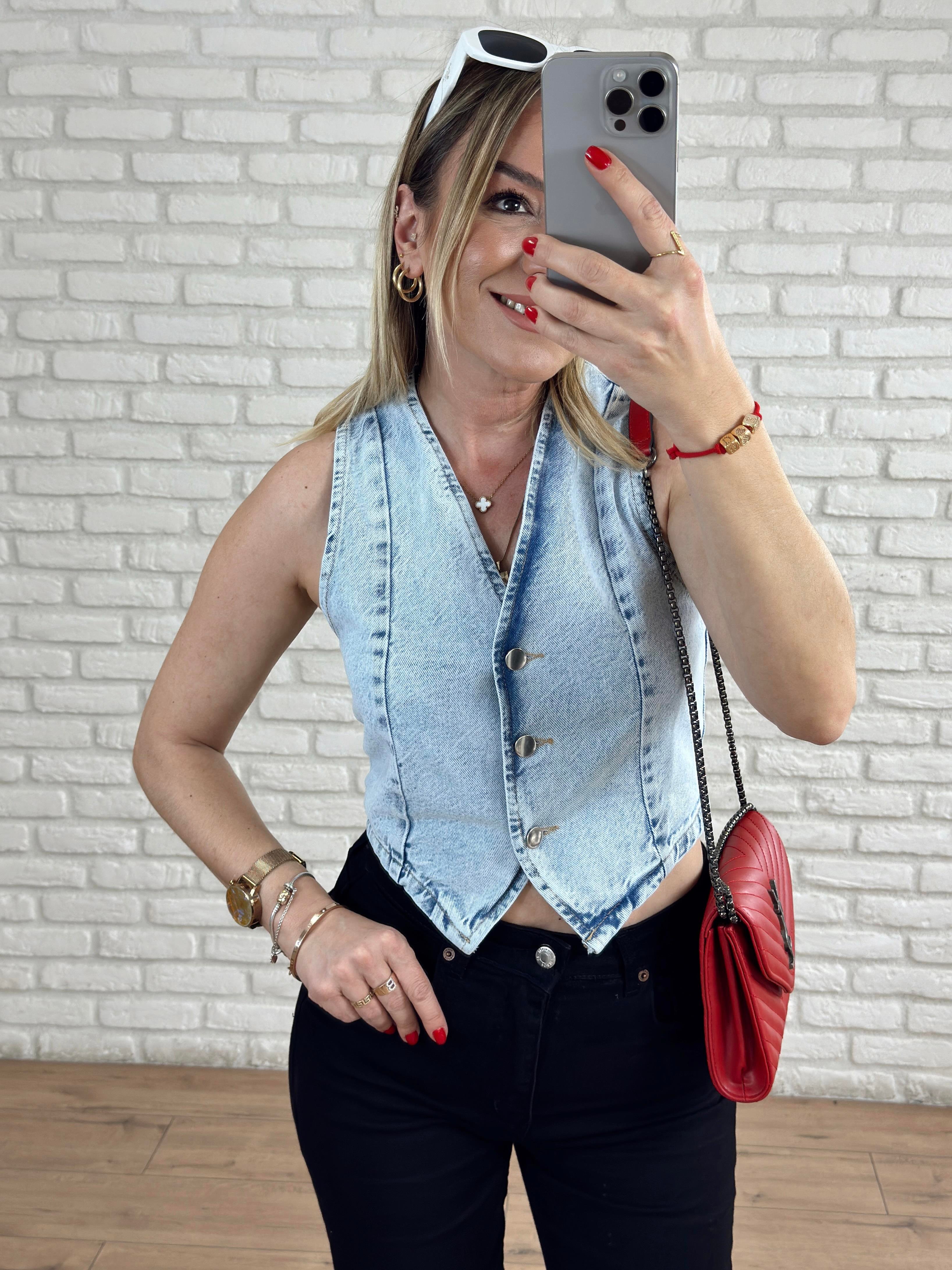Önü Düğmeli Kot Yelek MAVİ