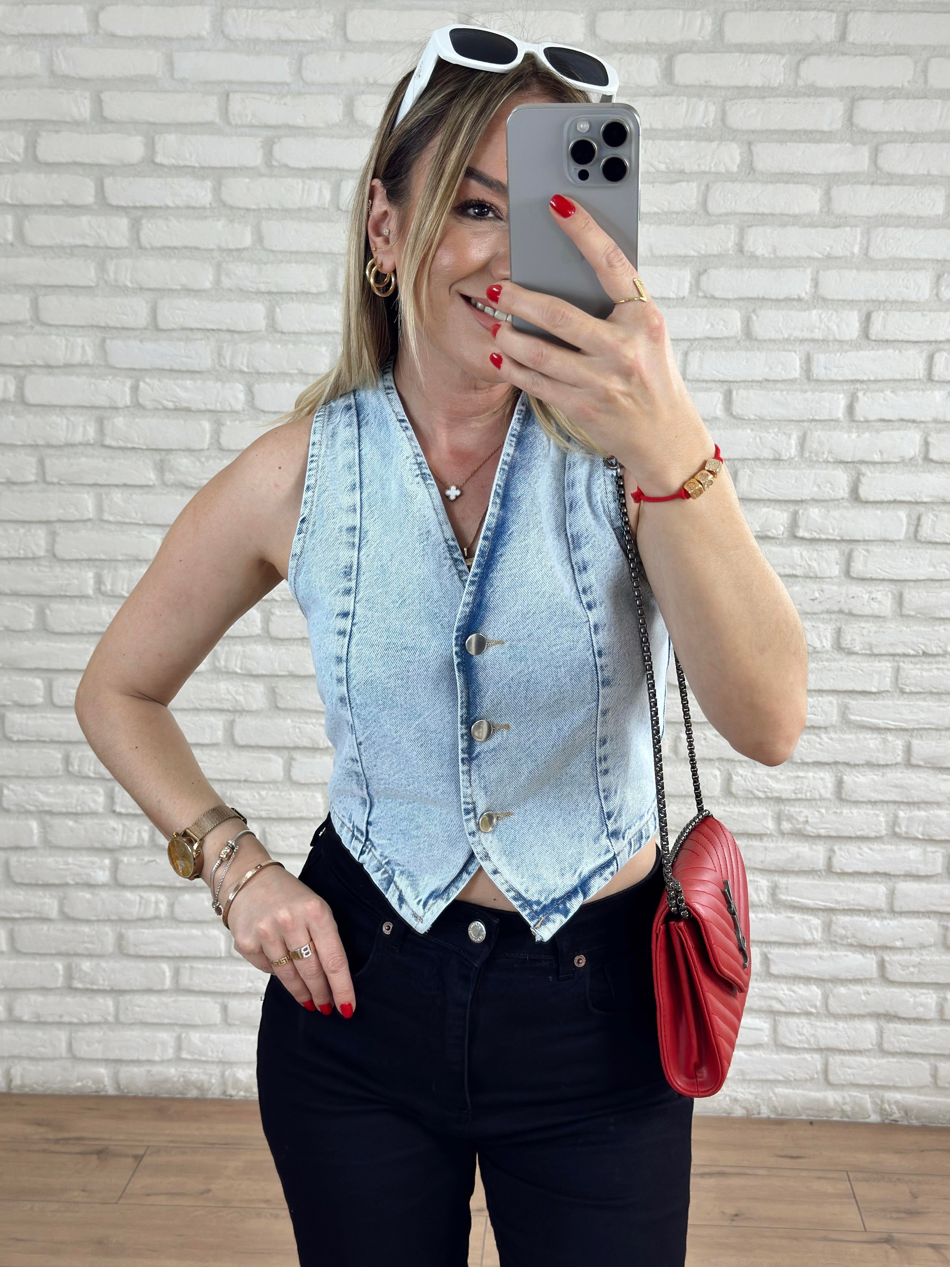 Önü Düğmeli Kot Yelek MAVİ