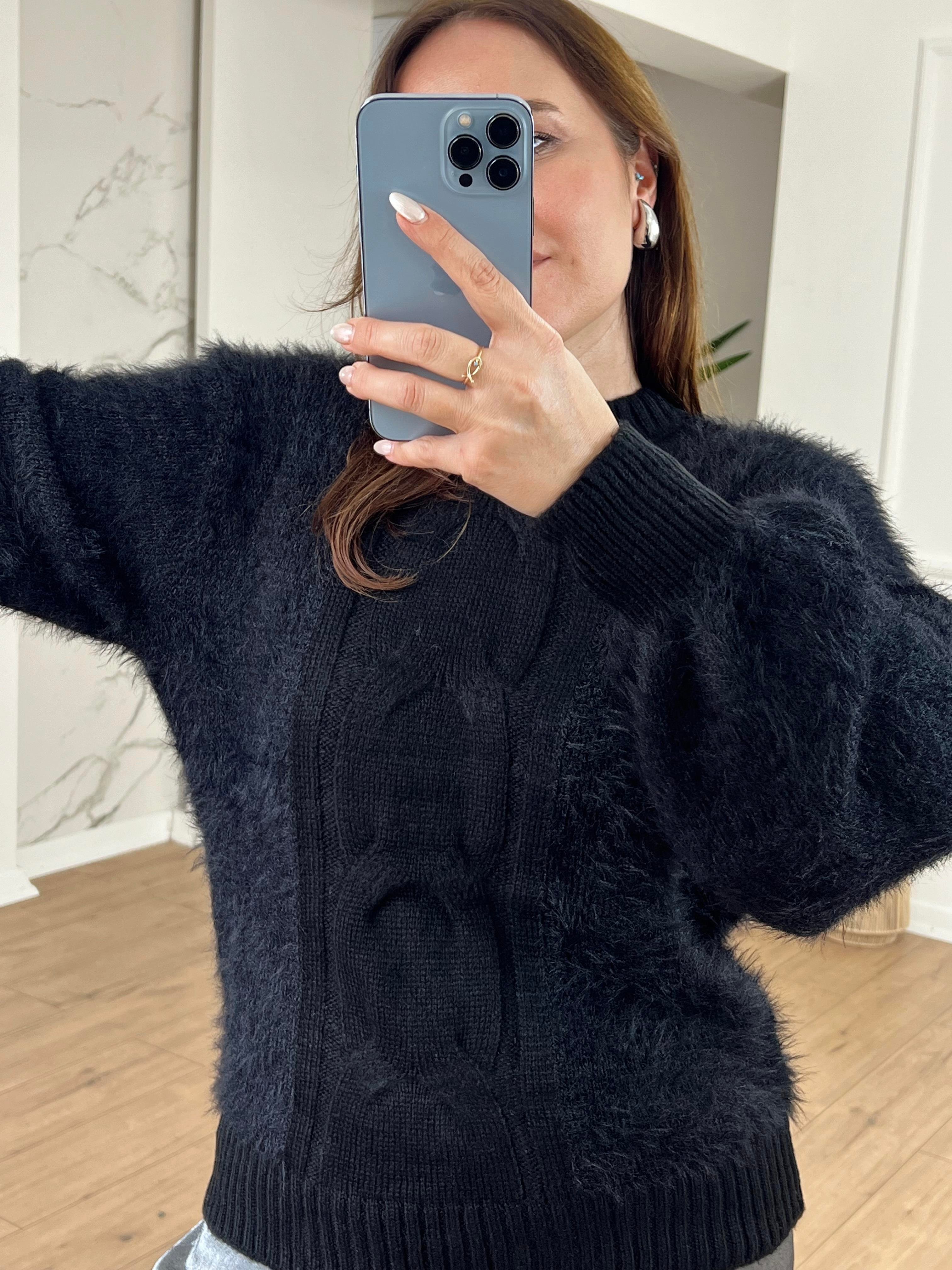 Örgü Detaylı Peluş Kazak SİYAH