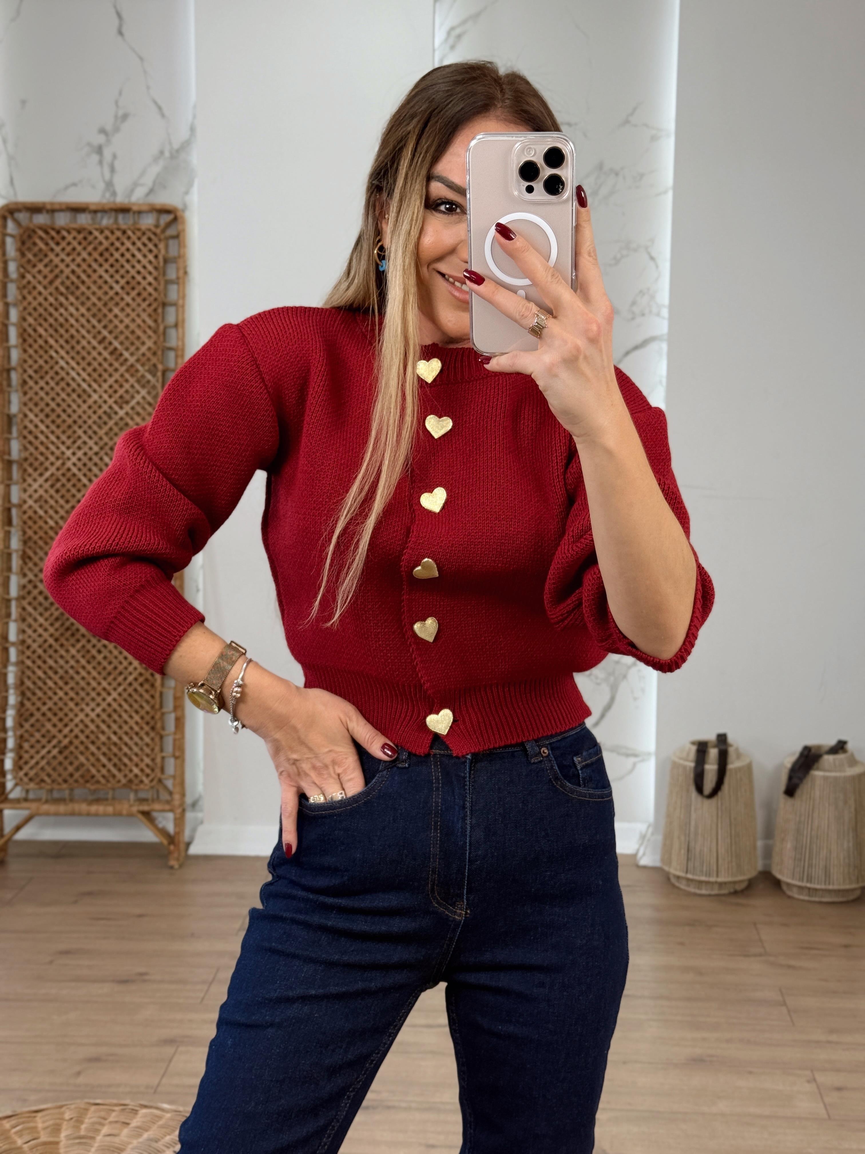 Örgü Kalp Düğmeli Hırka BORDO