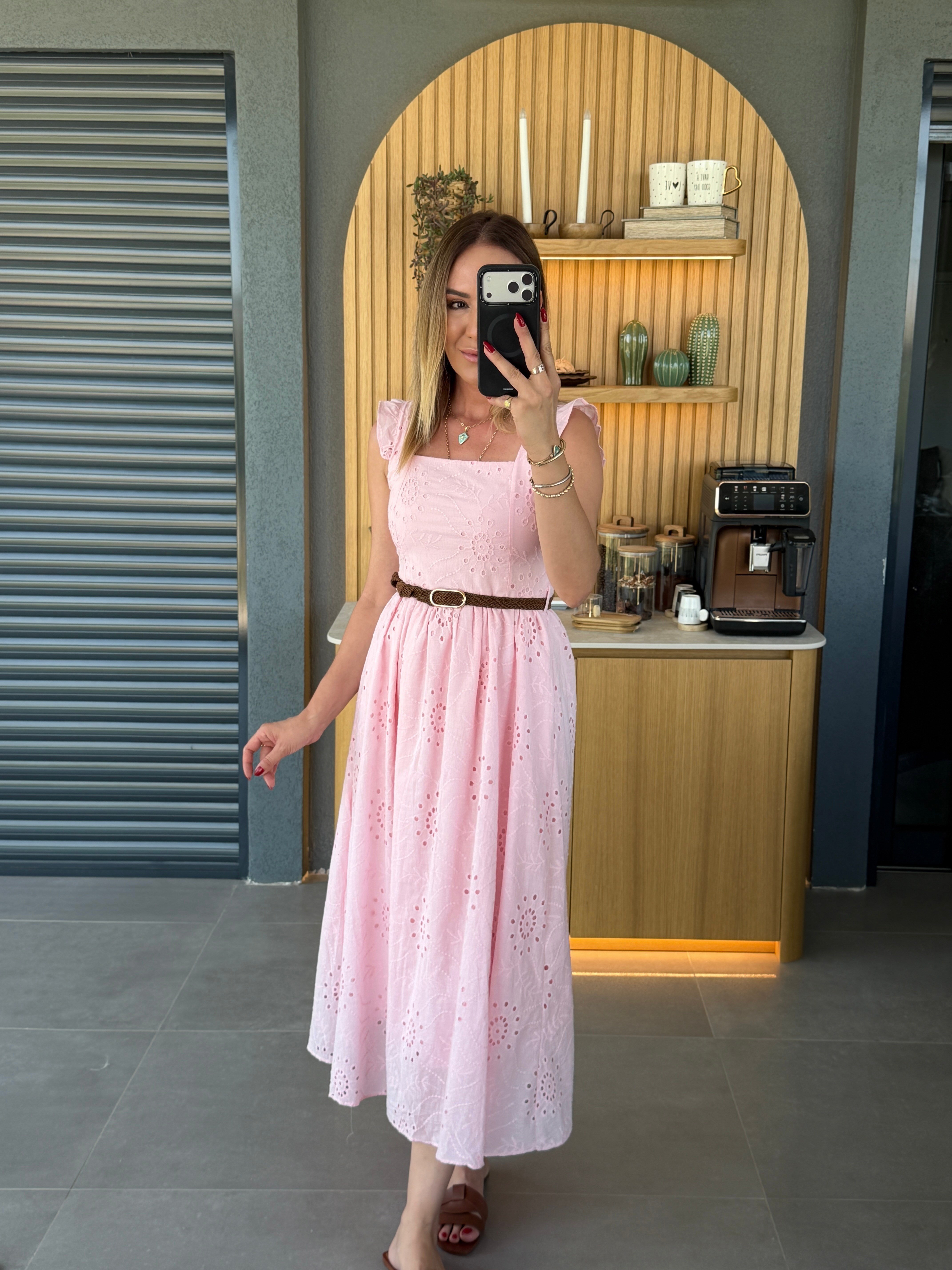 Örgü Kemerli Fisto Elbise PEMBE