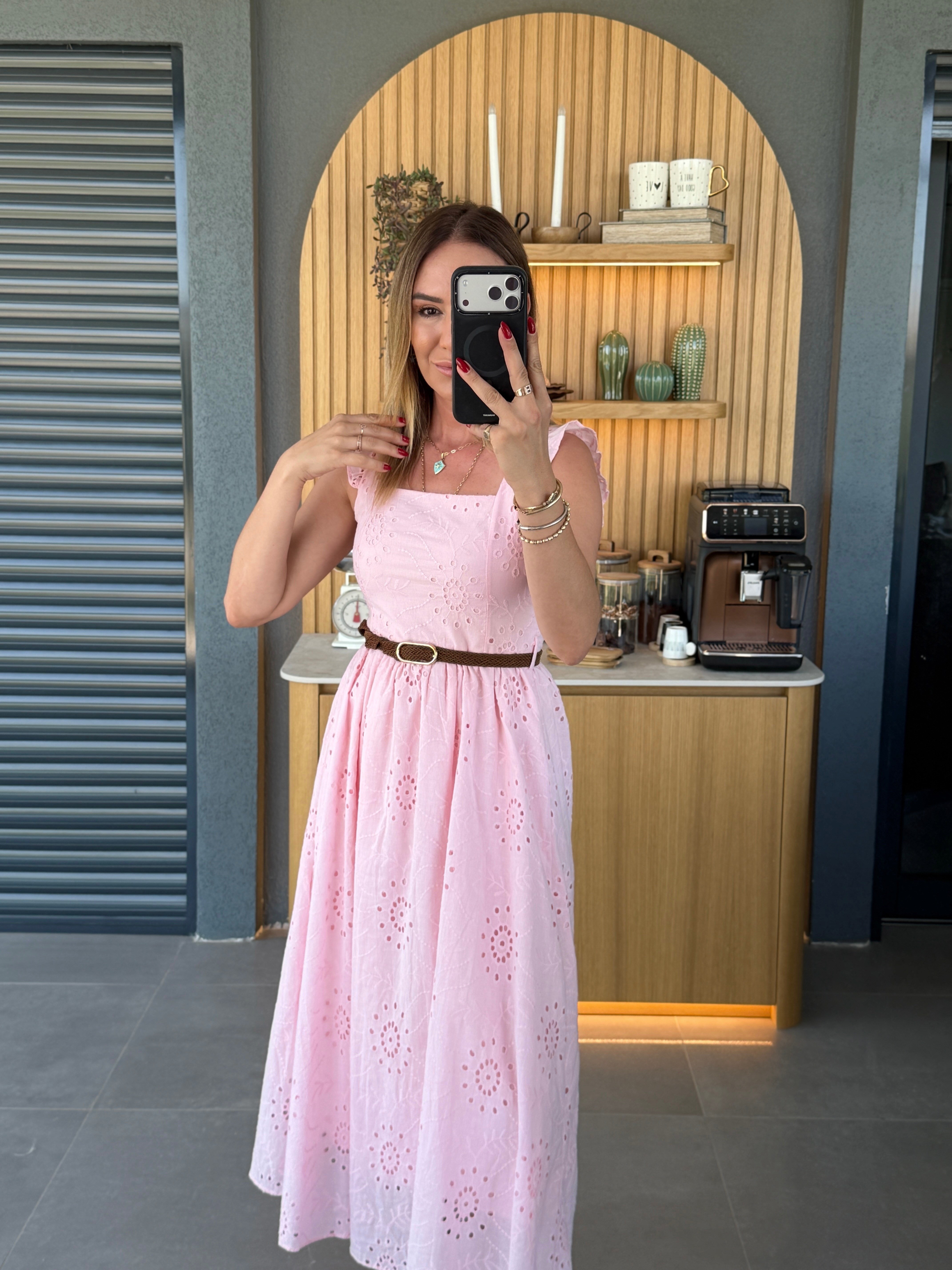 Örgü Kemerli Fisto Elbise PEMBE