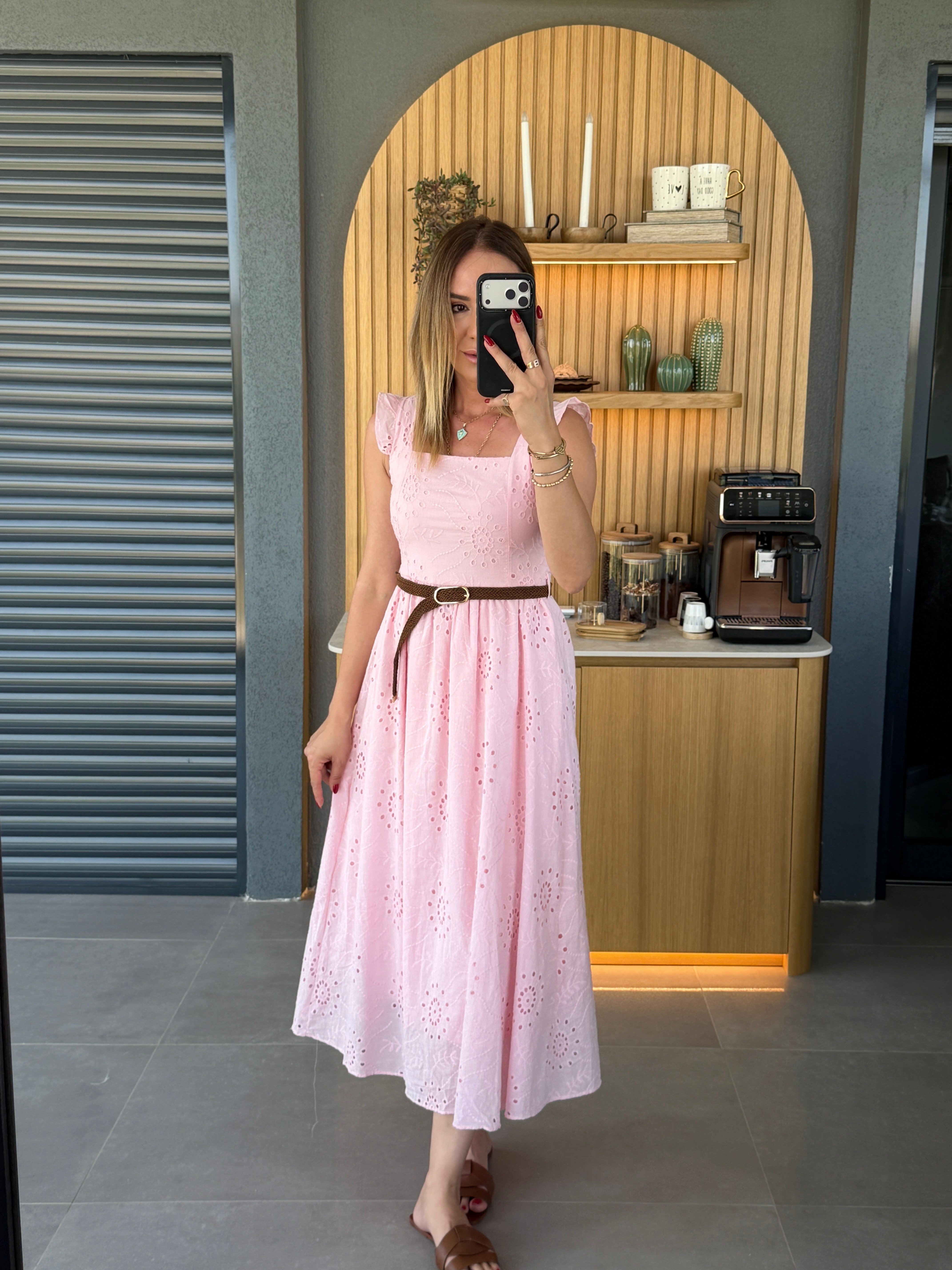 Örgü Kemerli Fisto Elbise PEMBE